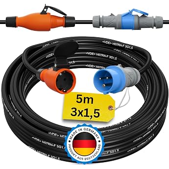 CEE to Schuko Adapter 5 m Camping Power Cable H07RN-F 3 x 1.5 Land Power Cable Motorhome Caravan Cable Camping Adapter 5 m Power Extension Cable CEE Plug Camping Plug