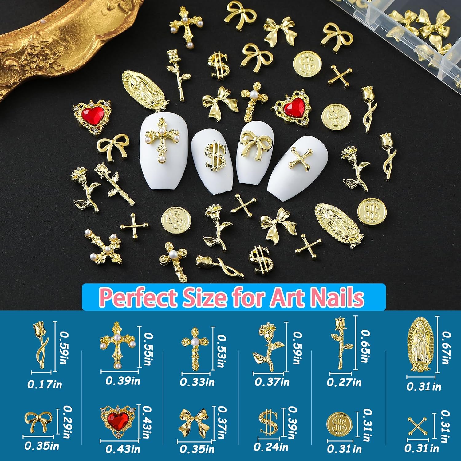 72pcs Gold Nail Charms Set with Cross, Bow, Rose, Hearts, Money, Flowers and Virgin Mary - Y2K 3D Gold Charms for Nail Decorations