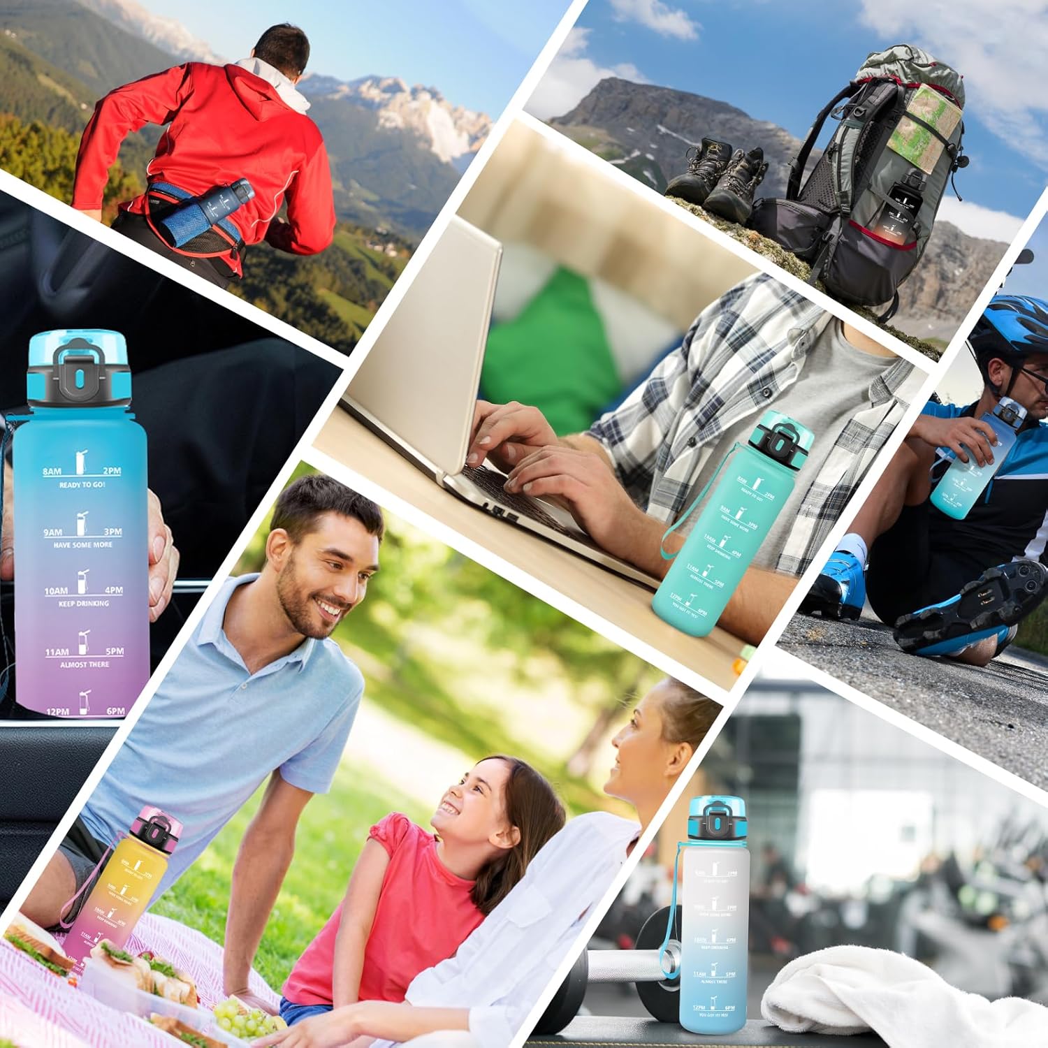 Grsta Drinking Bottle 1.5 L, Sports Water Bottle, Adult Drinking Bottle, Leak-Proof, Water Bottle with Time Marking, with Filter, Easy to Clean, Bottle for Fitness, School, Travel,