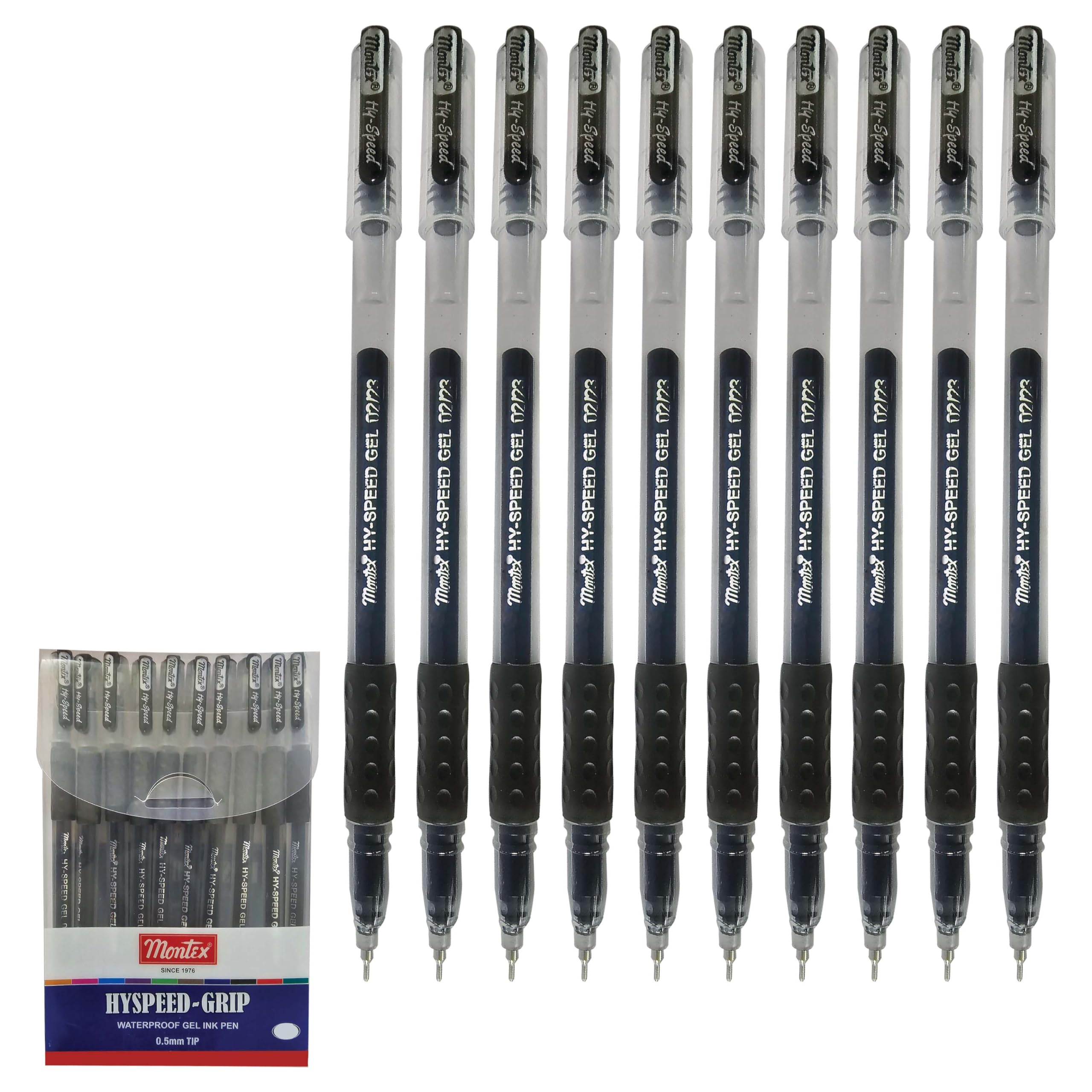 HYSPEED-GRIP Gel Pens, Fine Point (0.5mm), BLACK, Pack of 10, Waterproof Gel Ink Pens, Rubber Grip, School Office Home Everyday Use, iZOFAX Black Ball Pen