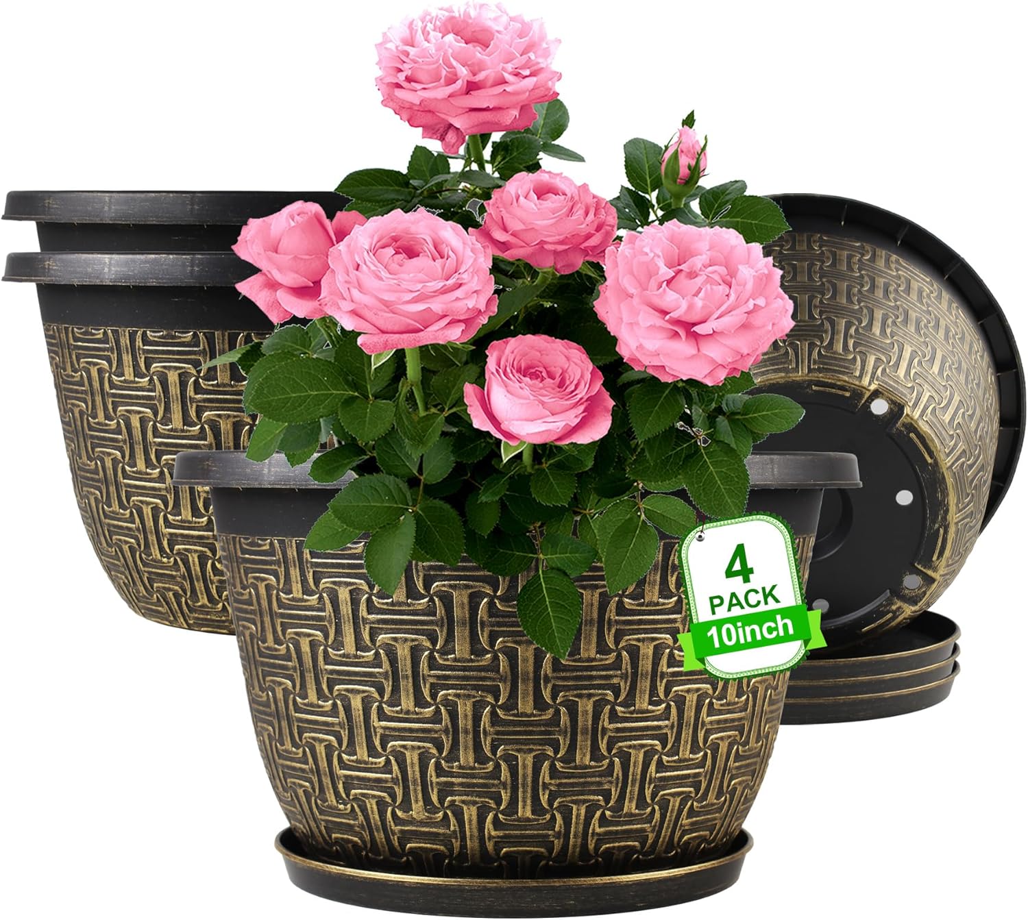 10 Inch Plant Pots, 4 Pack Flower Pots Outdoor with Drainage Holes & Trays, Retro Antique Imitation Decorative Garden Plastic Pots for Plants Indoor Sets for Houseplants