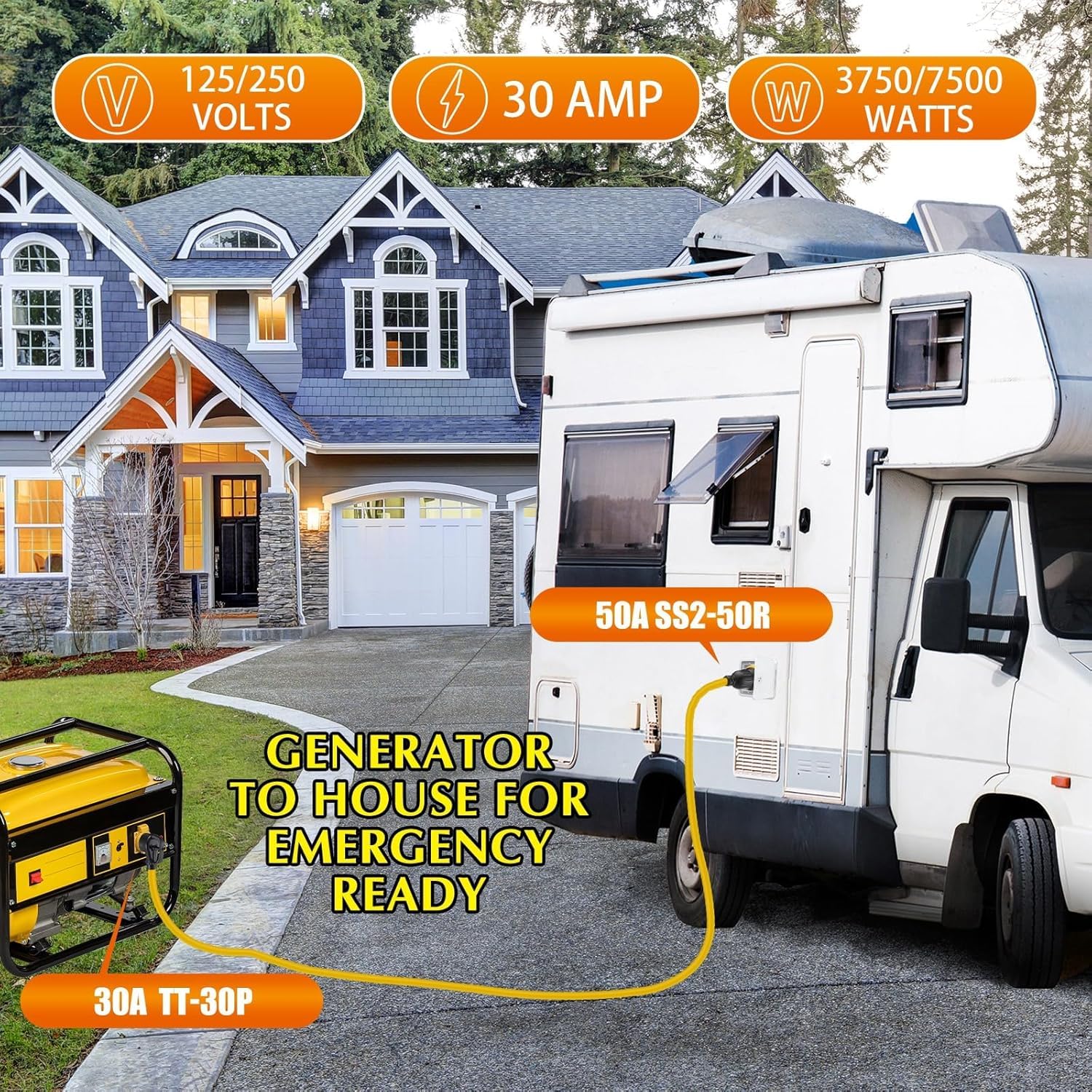 Tellegloww Câble pour véhicule récréatif de 9,1 m, 30 A à 50 A, TT-30P vers