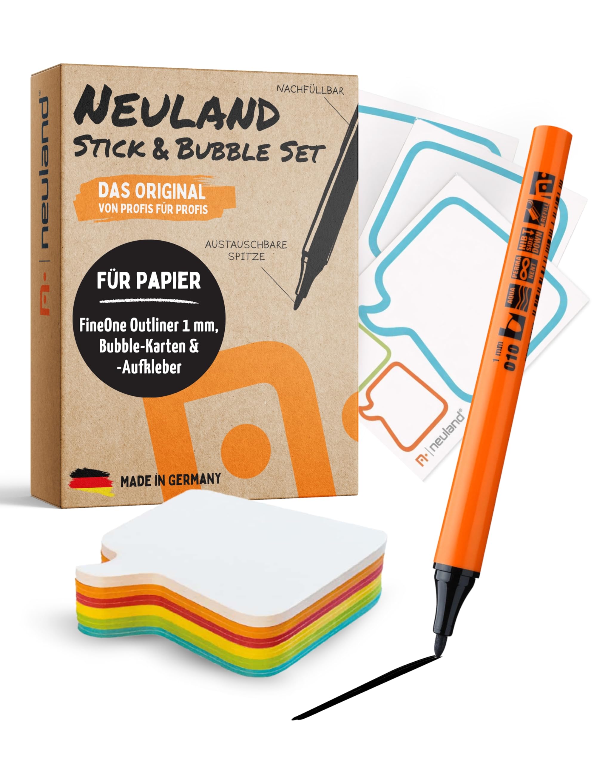 Neuland Stick & Bubble Set I Moderations- & Visualisierungsset für Workshops & Brainstorming I FineOne Outliner 1 mm schwarz, 300 Workshopkarten Bubble & 50 Sprechblasen