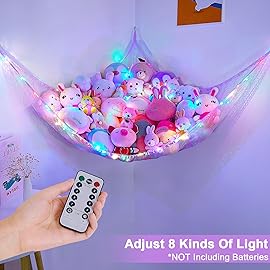 Unicorn Castle Stuffed Animals Net Hammock Kids Toy Storage with LED Light Plush Toy Organizer Corner Hanging Stuffed Animals Holder For Nursery Kids Girls Room Decor