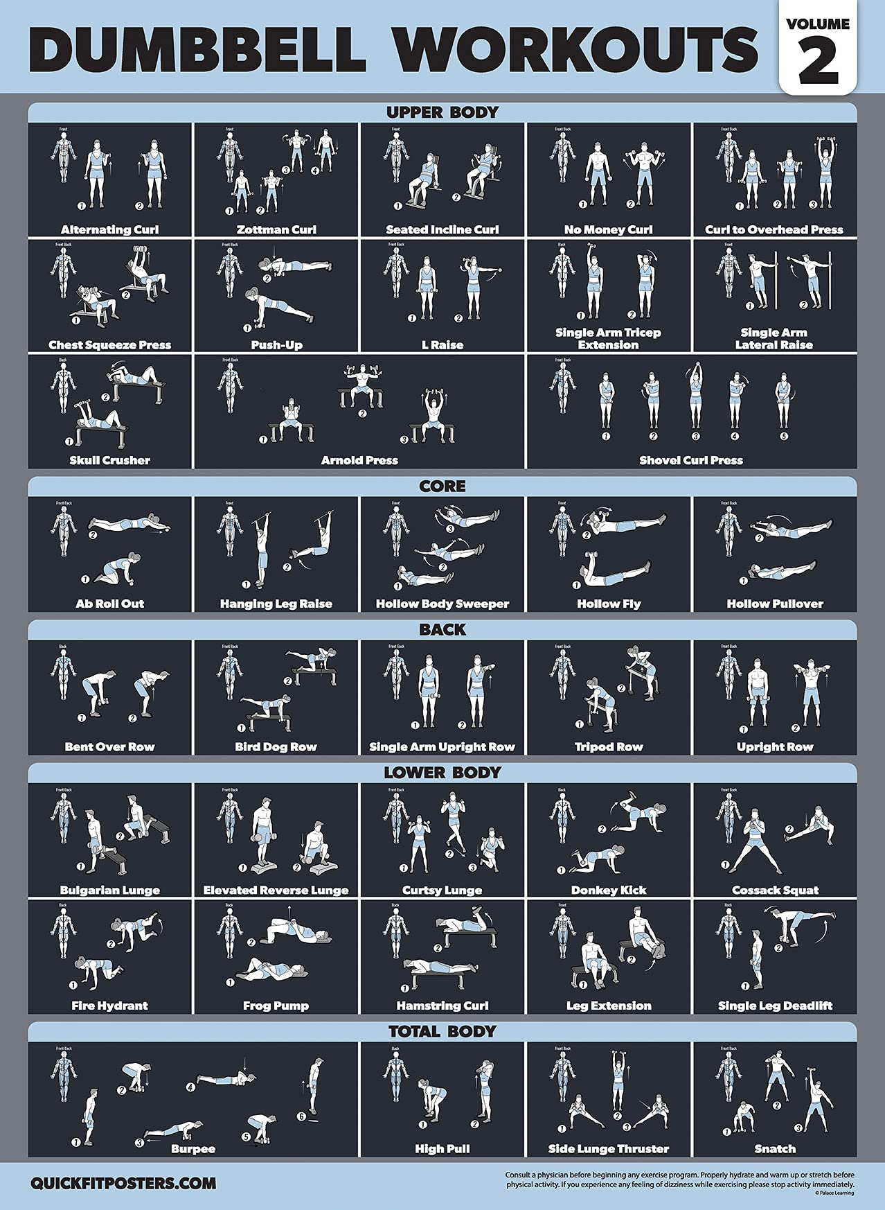 Dumbbell Workout Exercise Poster Volume 2 - Laminated - Free Weight Body Building Guide - Home Fitness Chart [DARK] (LAMINATED, 18” x 24”) : Amazon.sg: Sporting Goods for Free Printable Dumbbell Workout Chart