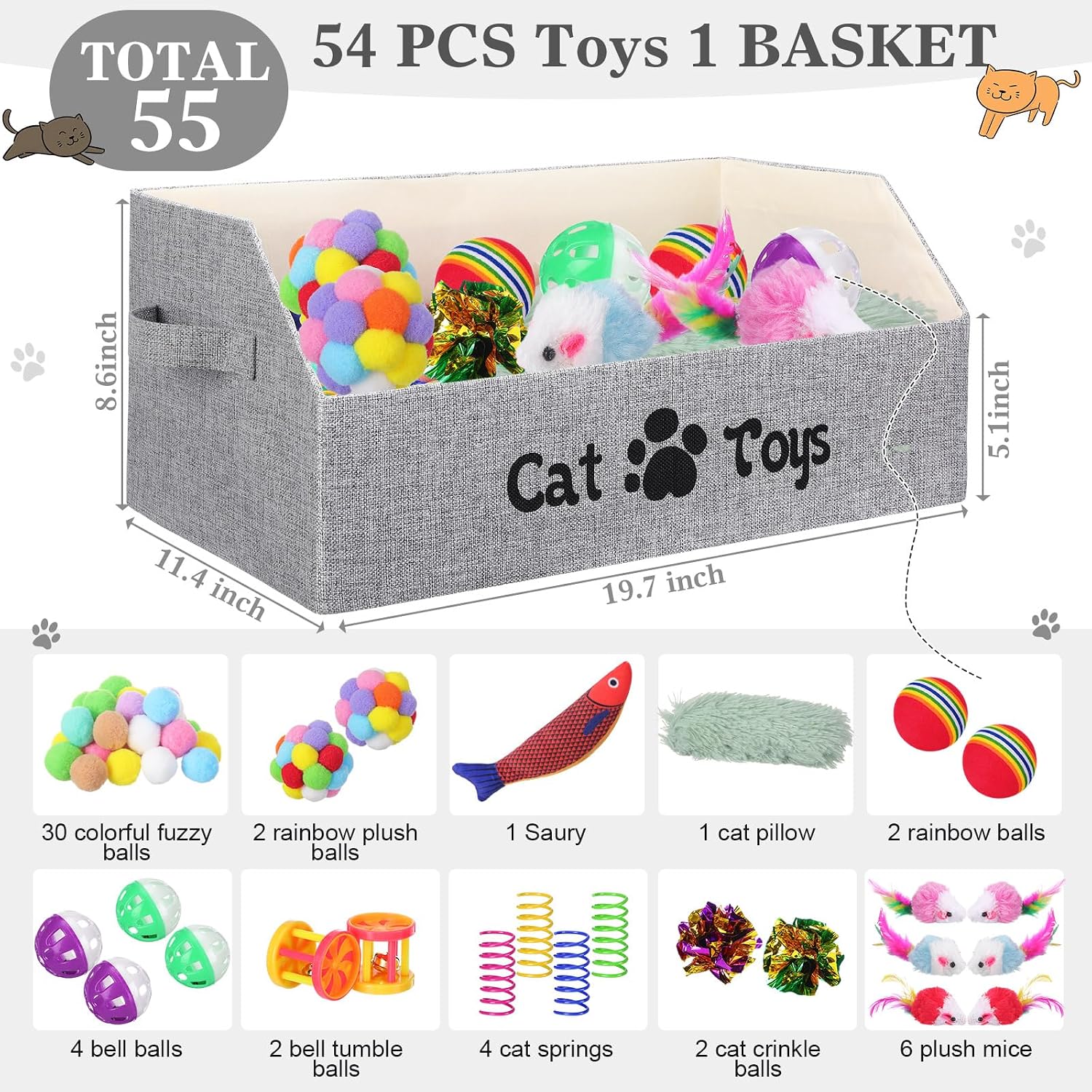 Zopeal 55 Pcs Cat Toy Box for Indoor Cats Large Kitten Toys Organizer Basket Bin Included Pillows Fish Colorful Bell Balls Crinkle Balls Spring Plush Mice Attract Kitten to Swat Hunt