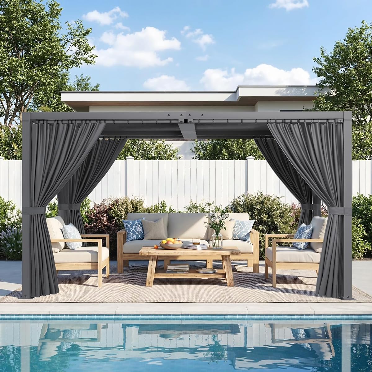 Pérgola con persianas de 10' x 13' con cortinas impermeables, pérgola de aluminio para exteriores con techo de acero reforzado, cenador con techo rígido resistente, refugio con sombra para privacidad, gris