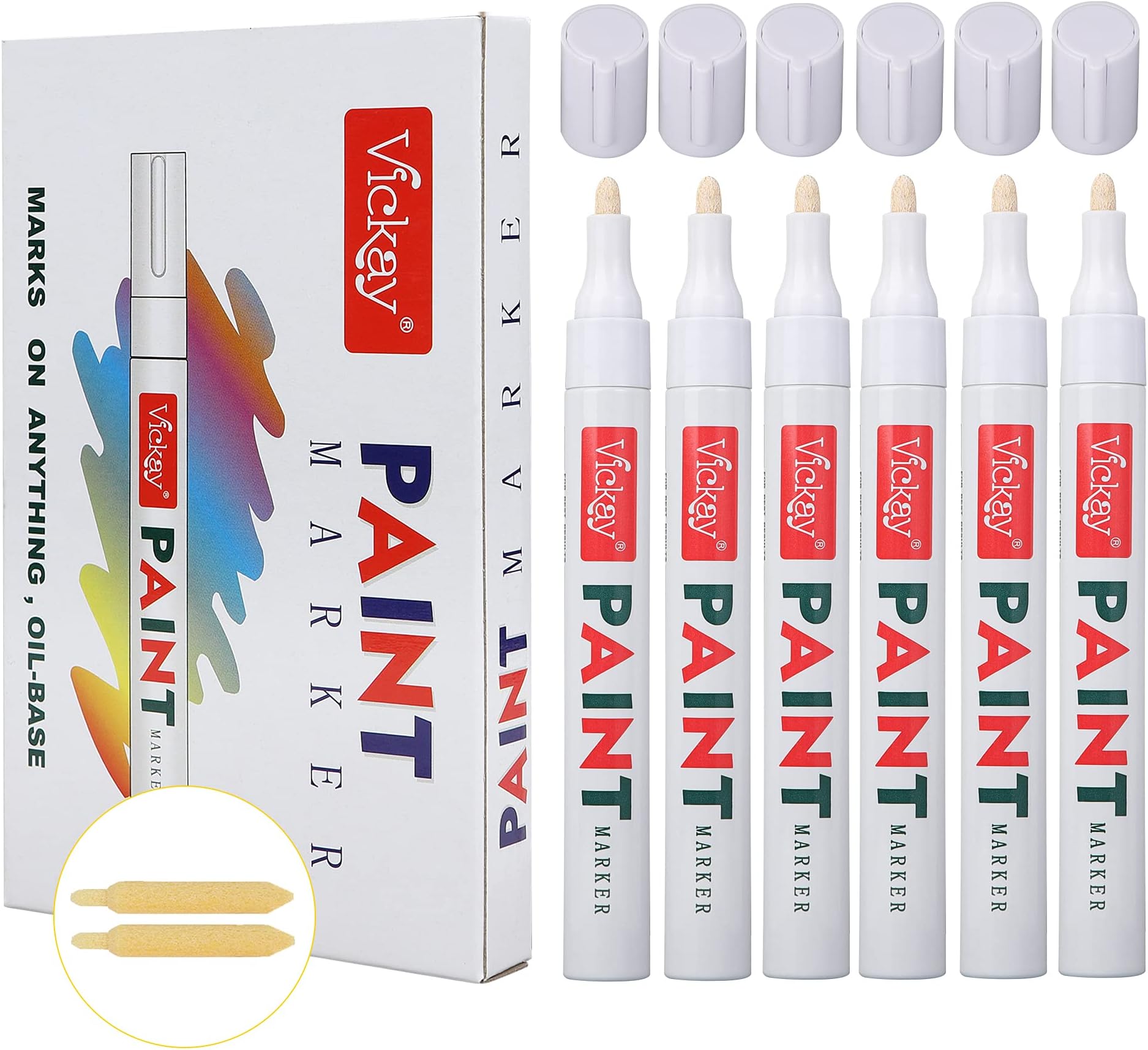 Vickay Paint Pens Paint Marker White for Rock, Stone, Ceramic, Metal, Glass, Wood, Set of 6 Medium Tip Paint Markers High Volume Ink Water Resistant for DIY Craft Quick Drying with 2 Extra Chisel Tips