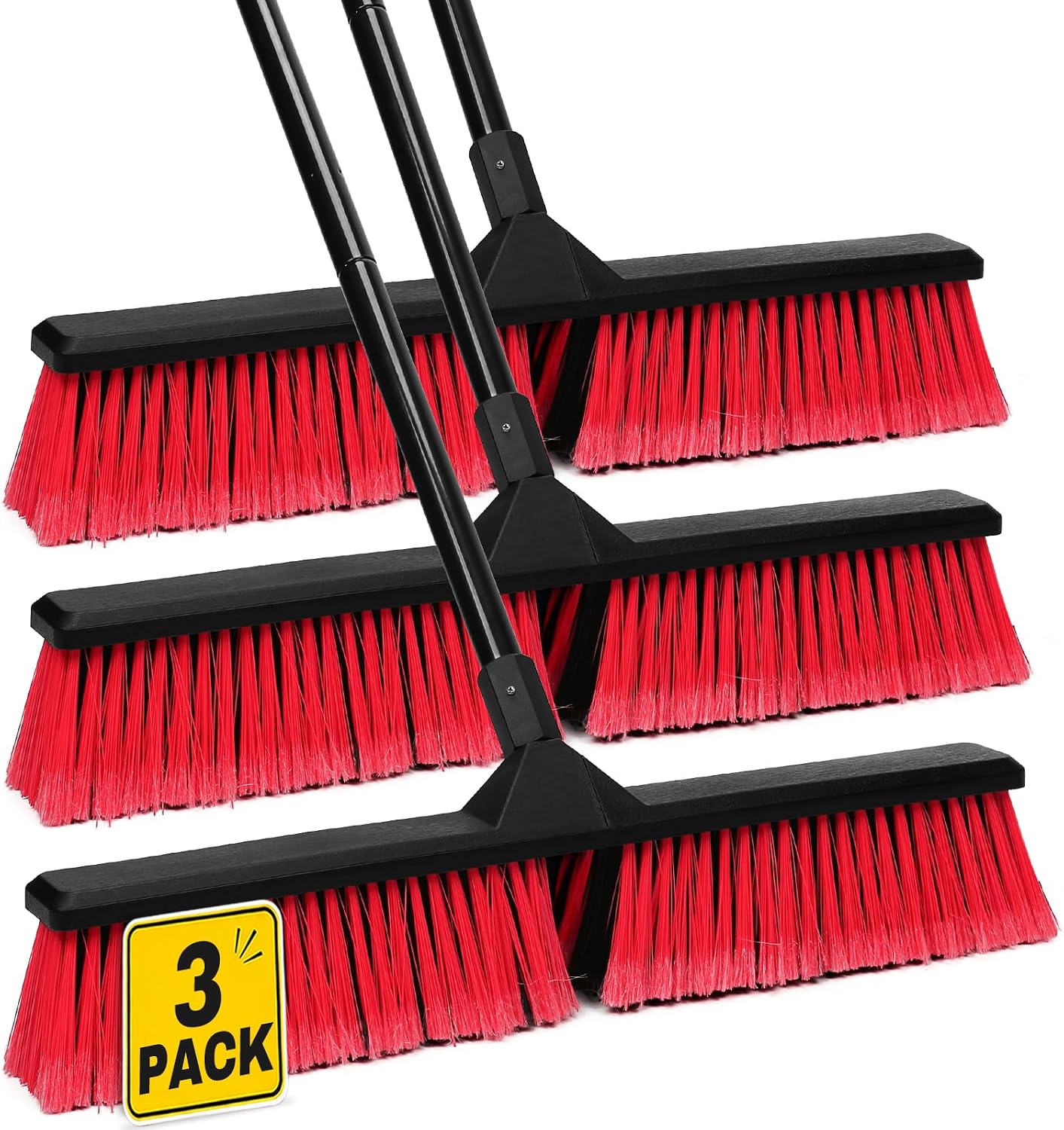 3PK 24" Push Broom Outdoor, Stiff Bristle Push Broom Brush for Workshop, Garage, Concrete, Patio and Deck Floor Sweeping(63" Long Handle)