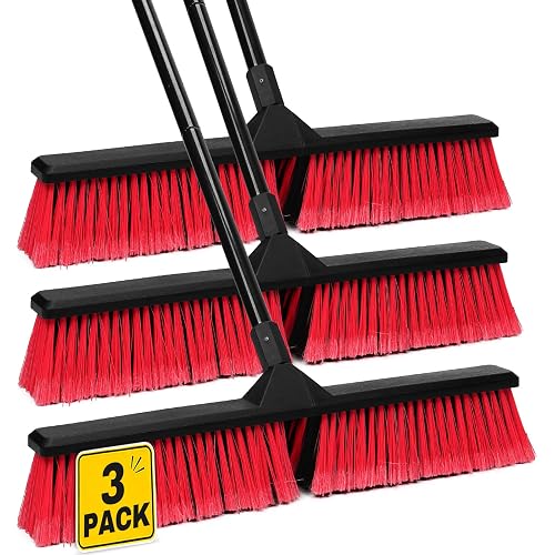 3PK 24" Push Broom Outdoor, Stiff Bristle Push Broom Brush for Workshop, Garage, Concrete, Patio and Deck Floor Sweeping(63" Long Handle)