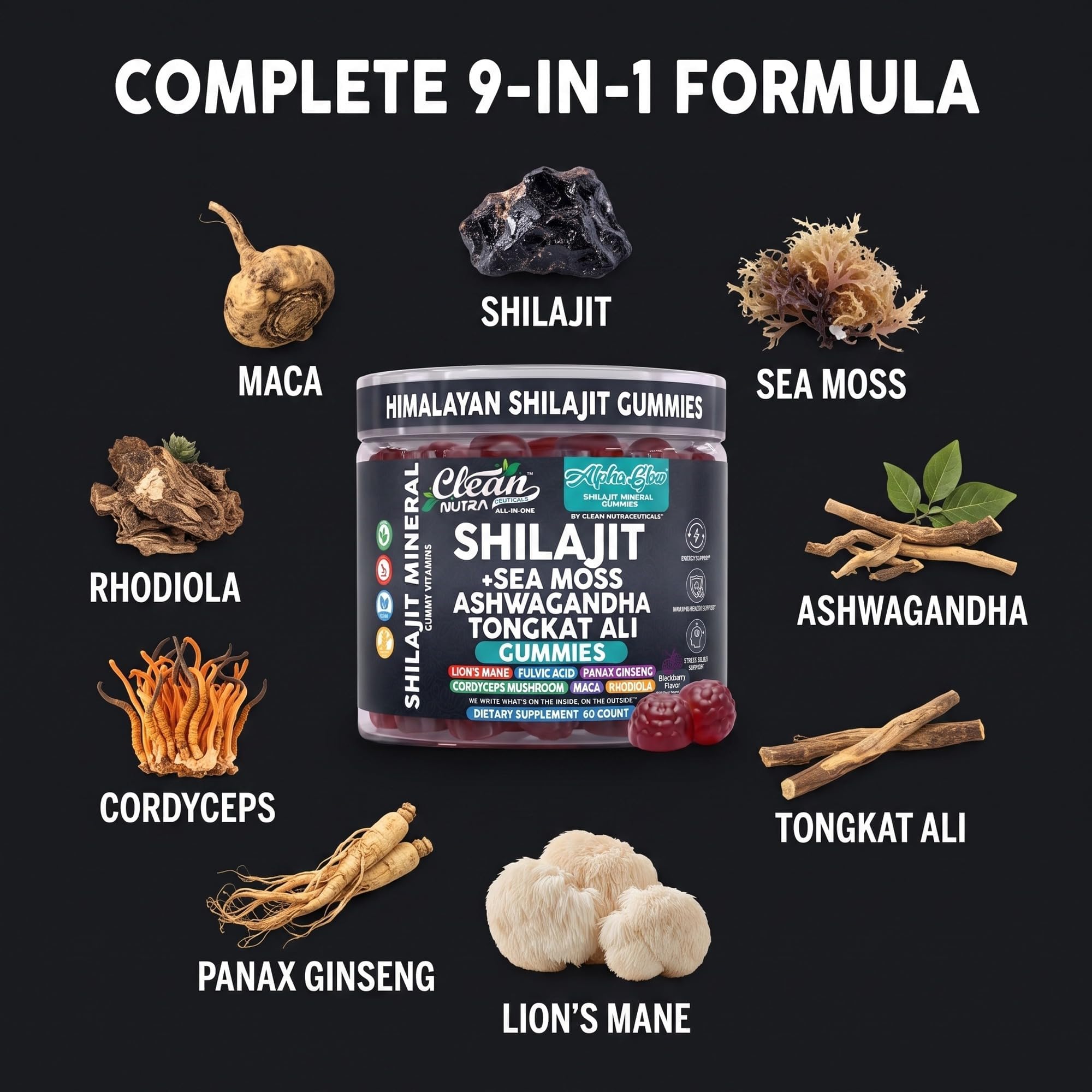 Alpha Glow Shilajit Gummies with Irish Sea Moss Tongkat Ali Ashwagandha Lion's Mane MACA Panax Ginseng Rhodiola & Cordyceps By Clean Nutra (1) — Amazon image 4
