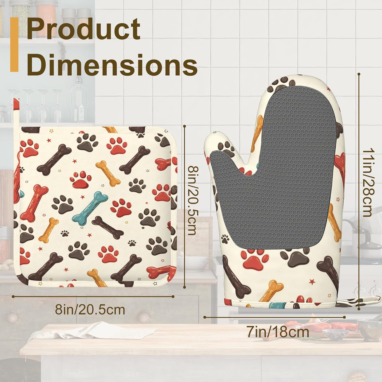 Oven Mitts and Pot Holders Dog Cat Paw Print Bones Silicone Kitchen Accessories Set of 4 Heat Resistant Gloves Potholder Non-Slip Grip for Chef Cooking Baking Grilling BBQ