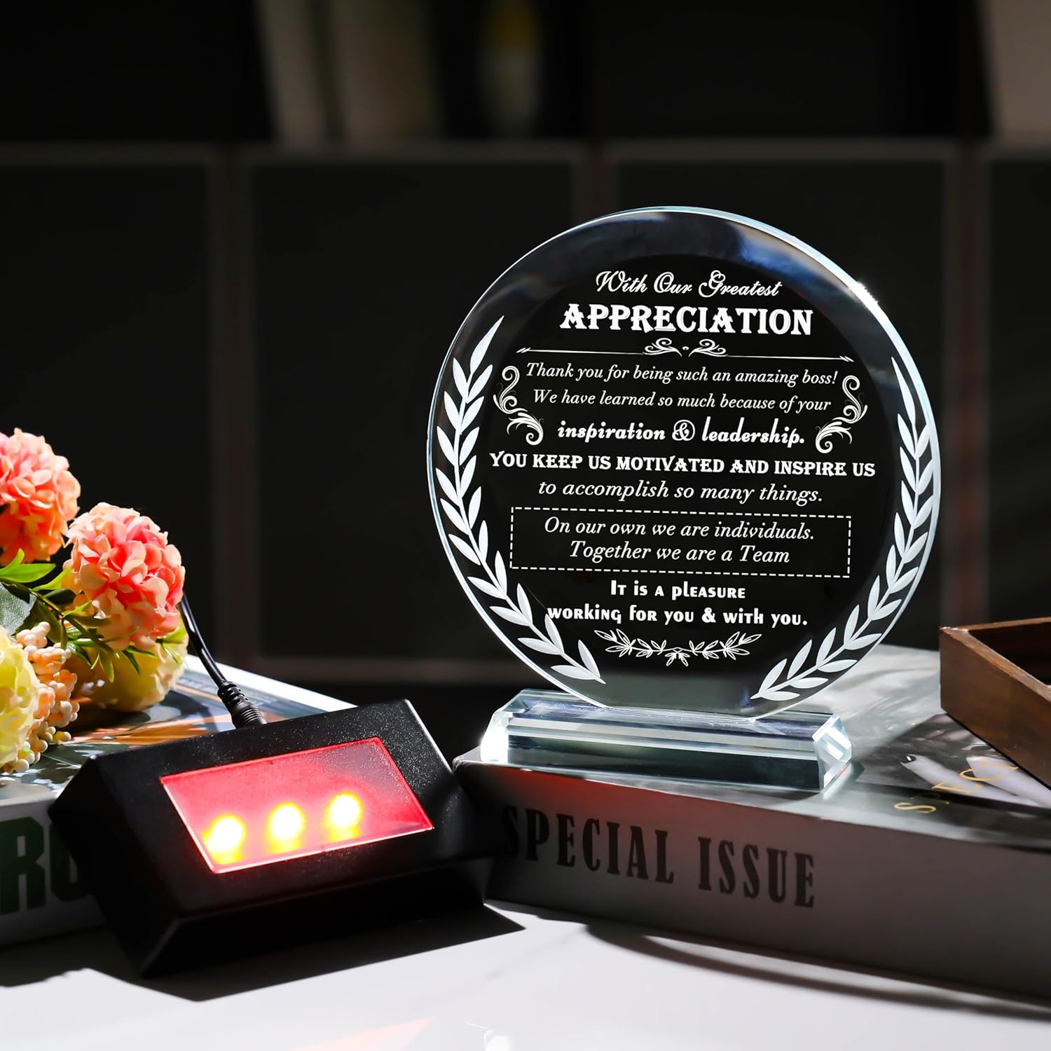 Boss Appreciation Gifts for Women & Men - LED Light Desk Decoration Paperweight Present for Boss Leaving, Retirement, Birthday & Christmas