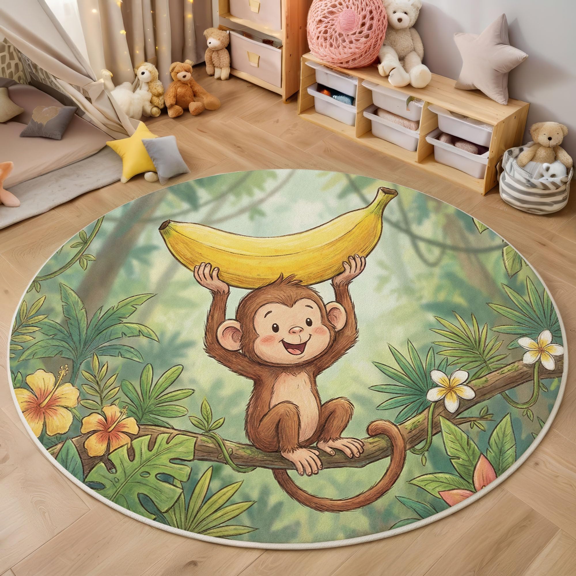 Tapis rond doux mignon singe banane 100 cm grand tapis antidérapant poils courts vert forêt