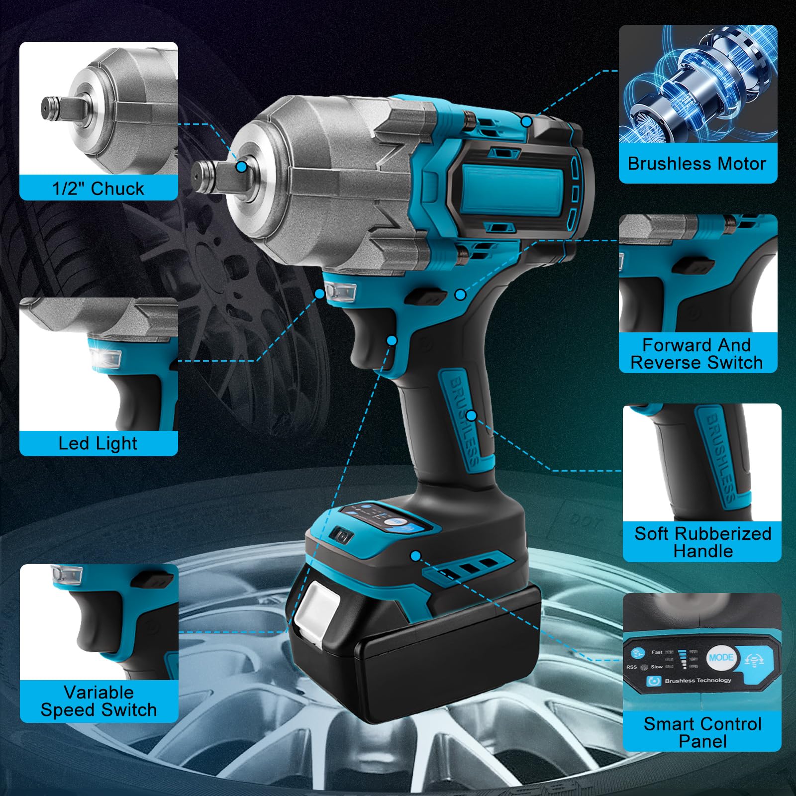 1200Nm Akku Schlagschrauber für Makita 18V Akku(Ohne Batterie), 1/2 Zoll Bürstenloser Drehschlagschrauber mit 6 Stecknüsse und LED-Licht, für Gerüstbau, Autoreifen und Automobilmontage