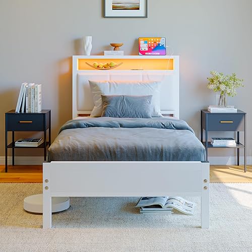 Miniatura 13 de Base de cama de tamaño matrimonial con luces LED, cabecera tapizada con estantes de almacenamiento y estación de carga, base de colchón LED Negro y