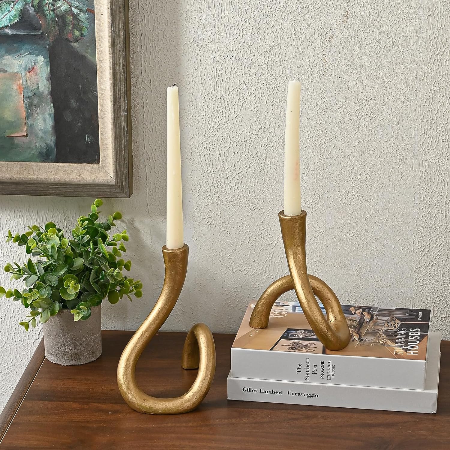 Gold Cast Iron Taper Candle Holder, Candlestick Holder Decorative, Gift Tapered Candle Holders for Home Decoration, Bedroom, Dinning, Mantel, Kitchen, Party, Set of 2