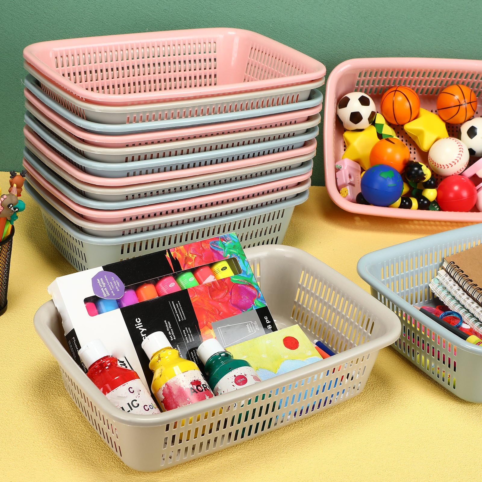 16 Stück Papier-Organizer-Korb, Kunststoff-Aufbewahrungskorb, bunt, Netzkorb, Lehrer, Studenten, Organisation, Mülleimer, Kunststoffkorb, Tablett, Klassenzimmer, Büro, Aktenhalter für Zuhause,