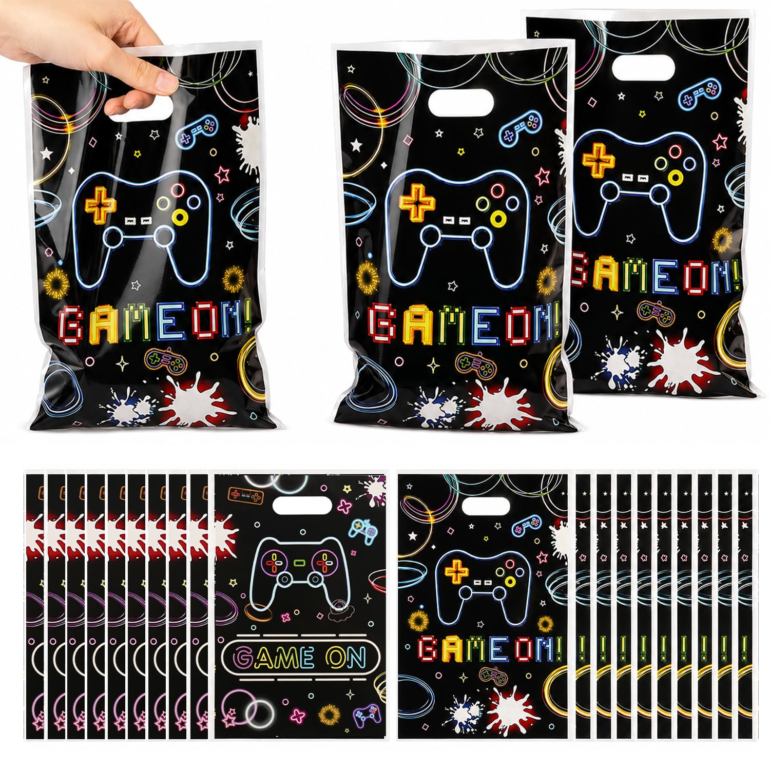 Nevicor 50 Pcs Gaming Party Bags, Game On Plastic Goodie Bags for Kids Boys Girls, Candy Snack Treat Gift Bags with Handles, Video Game Birthday Party Supplies