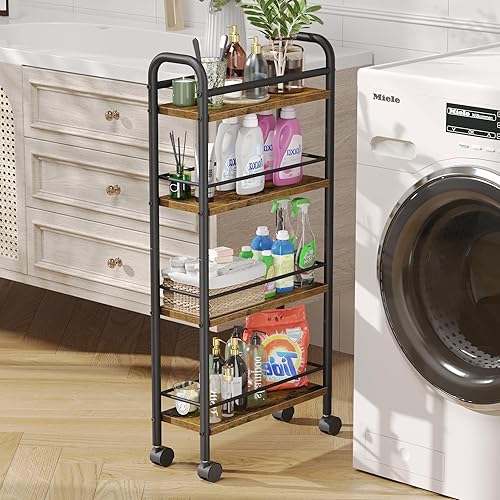 Carrito de almacenamiento delgado, carrito utilitario rodante de 4 niveles sobre ruedas, carrito de estantería estrecha para espacios pequeños en