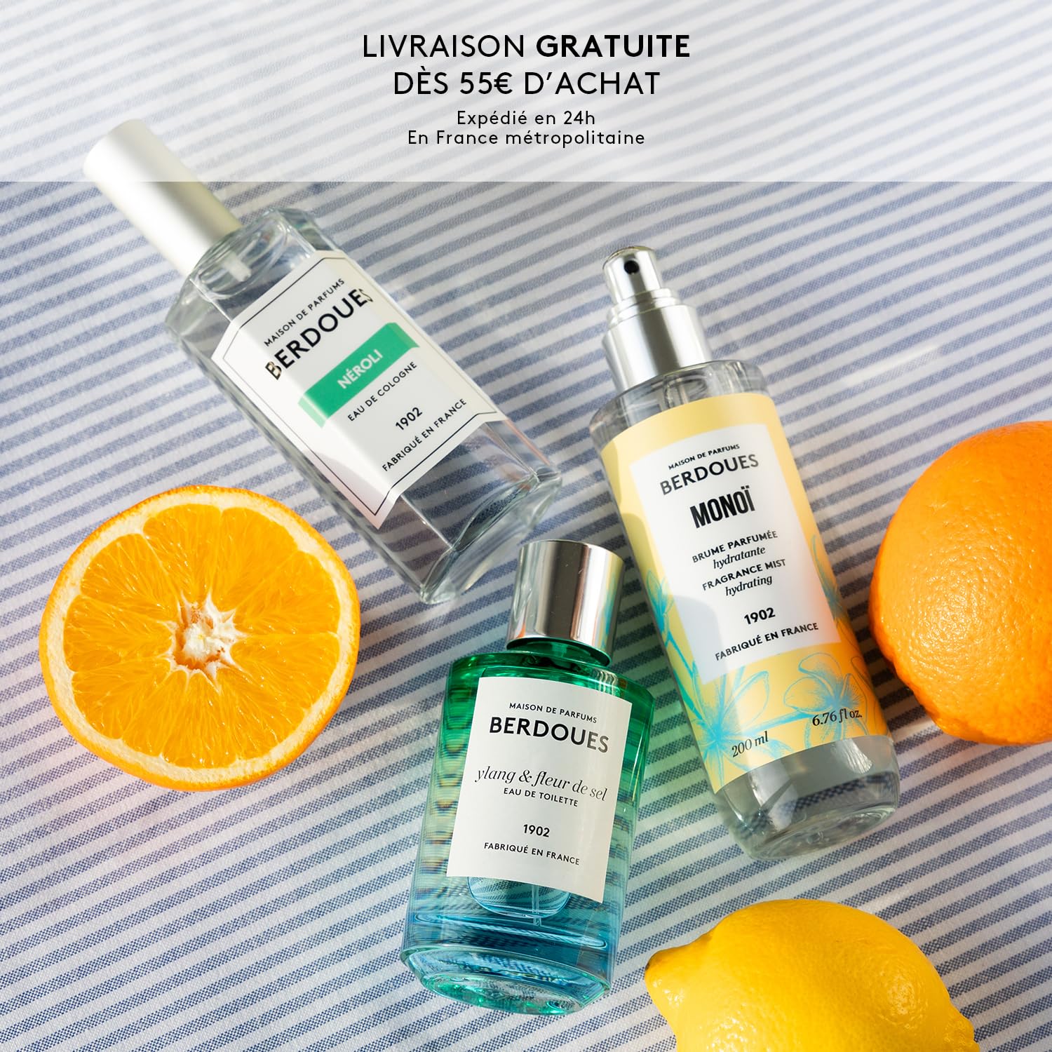 BERDOUES - Brume parfumée protectrice cheveux 100 ml + Gel douche 200 ml. Parfum Monoï Tiaré. Parfum femme, 95% d'origine naturelle. Vegan, Made in France.