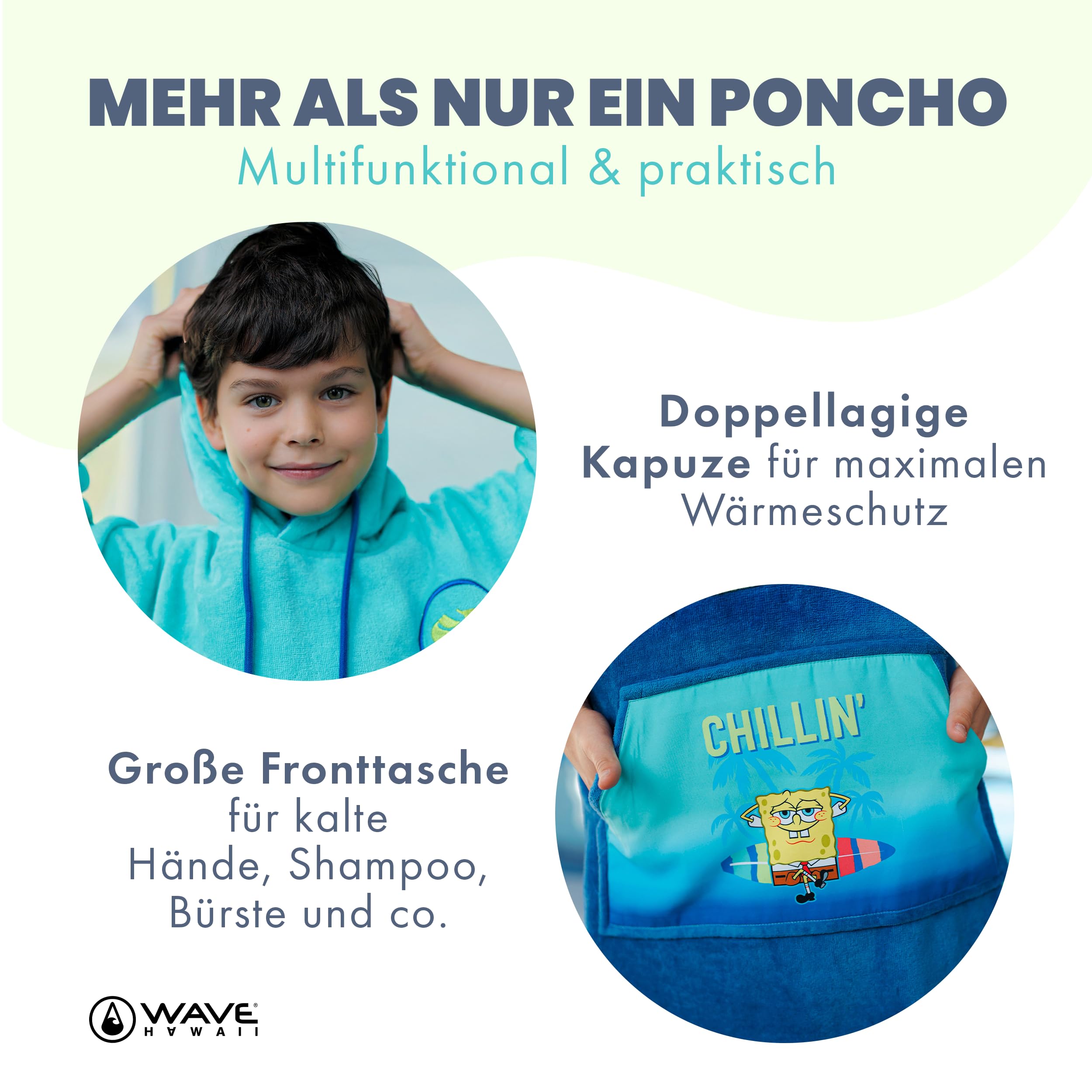 WAVE HAWAII Poncho kąpielowe damskie i męskie, rozmiar S, 151–173 cm | Poncho surfingowe dla dorosłych z bawełny 95–100%, chłonny ręcznik frotte, poncho do przebierania