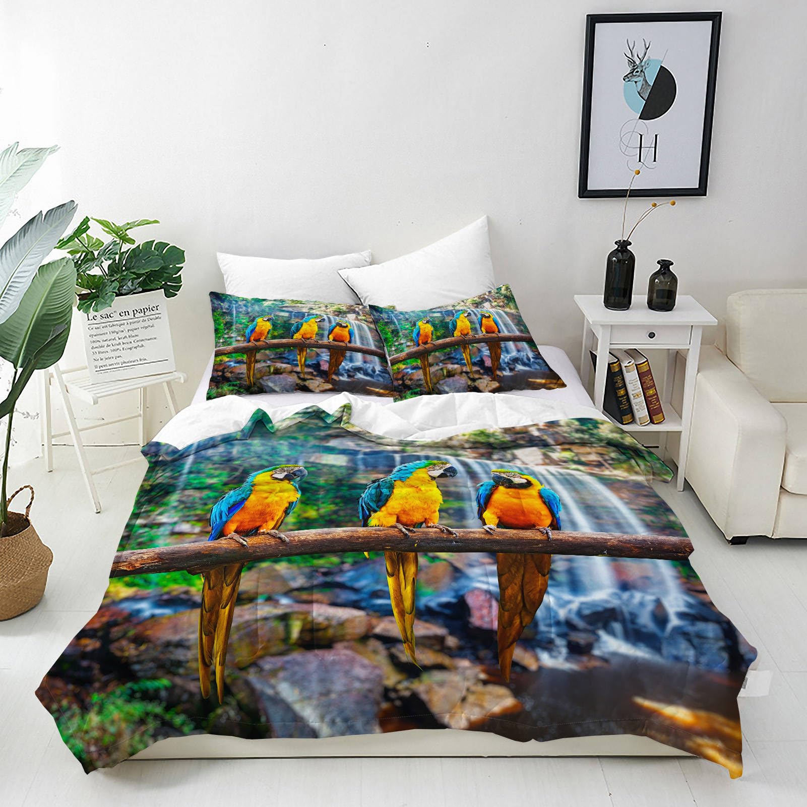 ANHOPE Parrot Duvet Cover Set Soft Lightweight Microfibre 3 Piece Bedding Set including 2 Pillowcase Animal Macaw Tropical Jungle Waterfall Print Pattern All Season Quilt Cover with Zipper Closure Single