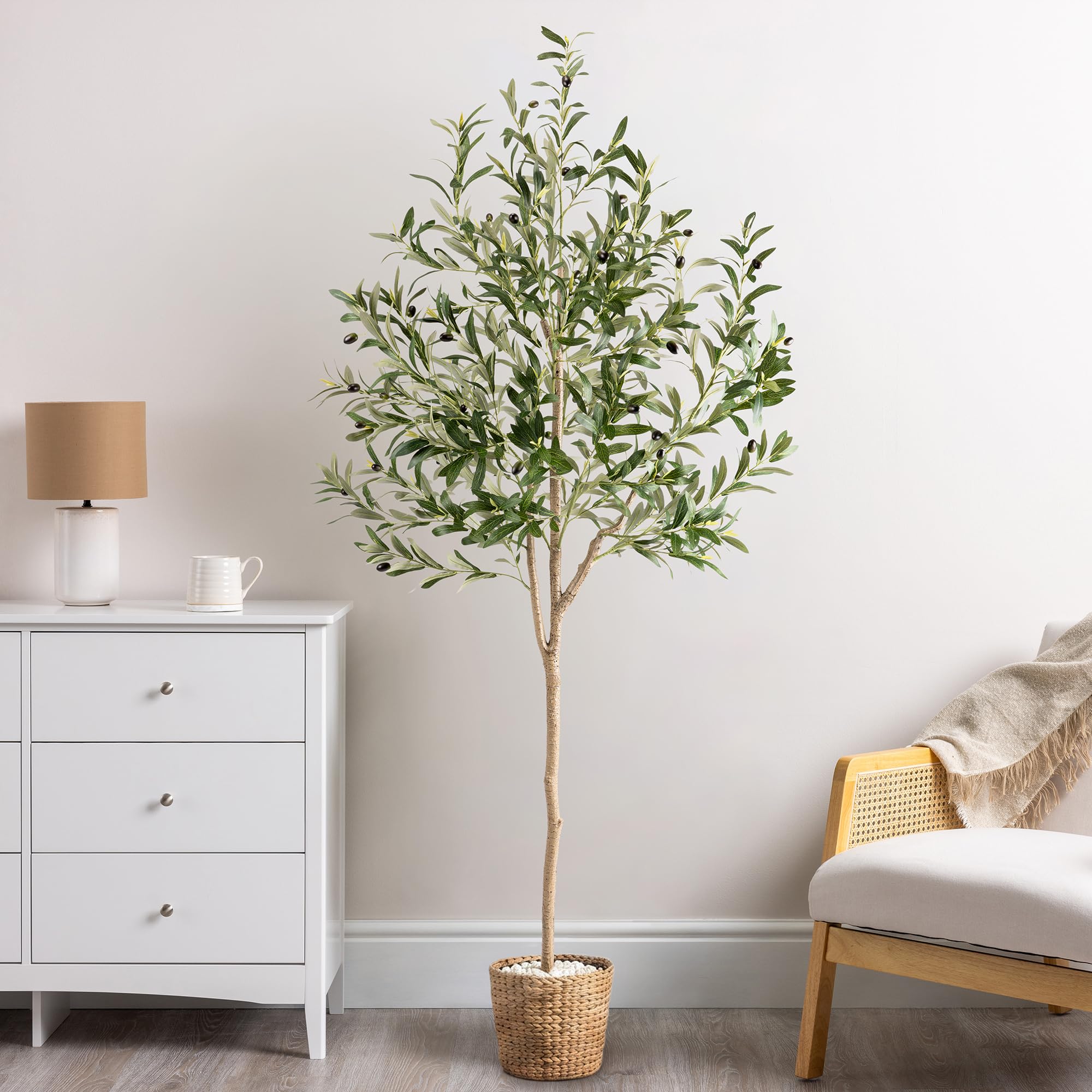 Christow Artificial Olive Tree 6ft, Indoor Outdoor House Plant Decoration with Realistic Olives & Feel-Real PEVA Leaves, Pre-Potted in Weighted Pot with White Stones, 180cm