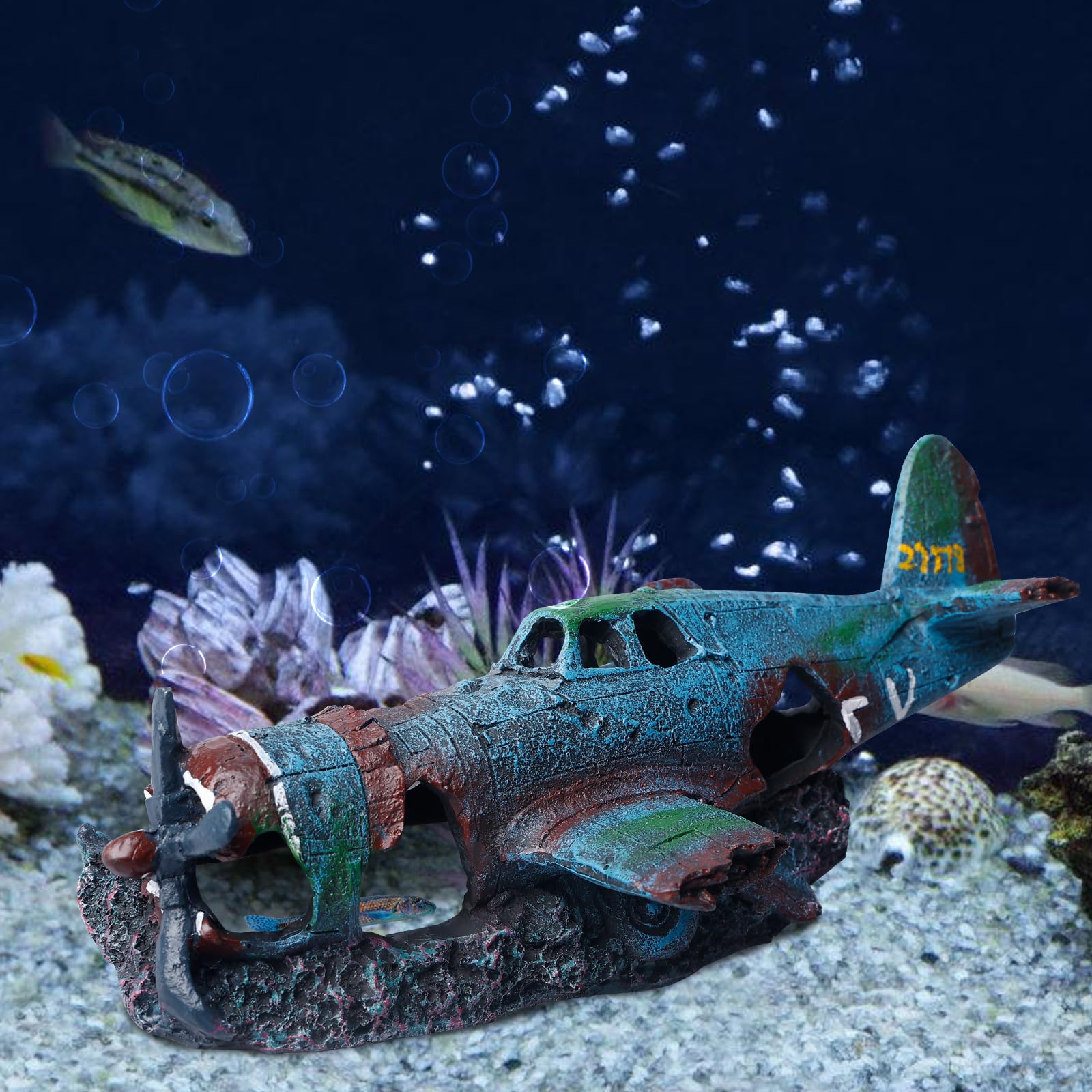 LEKEFETO Aquarium Shipwreck Aeroplane Decorations, Aquarium Decoration Pirate Ship, Sunken Ship Ornament, Aquarium Air Pump, Powered Action Decor (Small Plane)