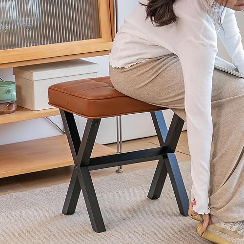 Miniatura 8 de Purgreen Taburete otomano cuadrado de lujo, tapizado, perfecto para habitaciones pequeñas y decoración de sala de maquillaje, taburete de madera