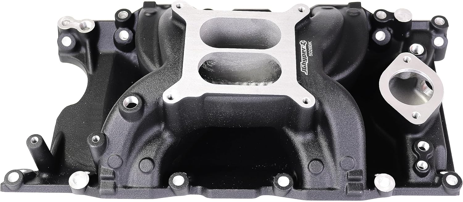 7576 DM-3812 55026 Intake Manifold Aluminum Dual Plane Compatible with Chrysler Mopar air gap Small Block LA Magnum Dodge Jeep 1967-2003 318 340 360 1,500-6,500 RPM Black