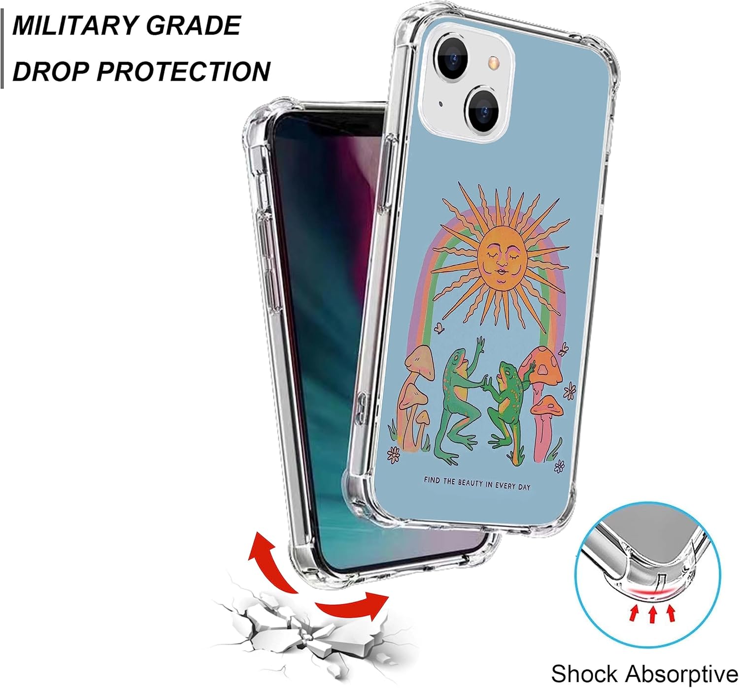 Dancing Frogs and Sun Case Compatible with iPhone 15 Plus, Hippie Vintage Vibe Case for iPhone 15 Plus, Unique TPU Protective Phone Case