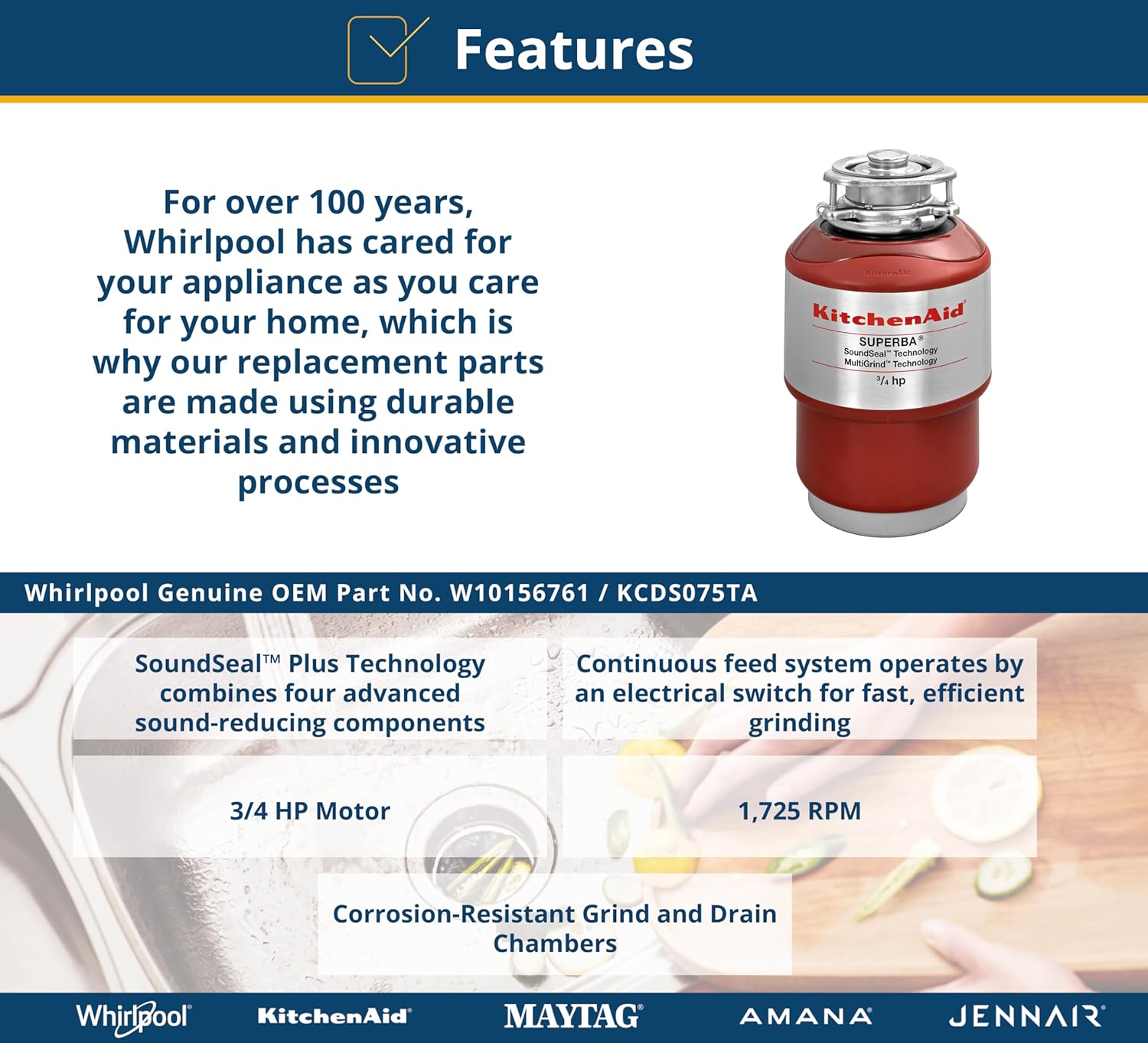 KitchenAid® W10156761 Continuous Feed Disposer 3/4 HP Motor MultiGrind™ Technology Replaces KCDS075TA
