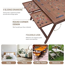 TEAKMAMA 1500 Piece Wooden Jigsaw Puzzle Board with 4 Drawers, Folding Puzzle Table with Protective Cover, Jigsaw Board with Legs, Multifunctional Game Table for Adults, 34W x 26.3D, Chocolate Brown