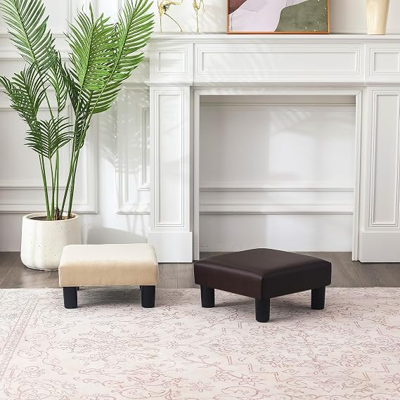 Adeco Small Footstool Geometric Art Cuboid & Cylinder, 17.5x17.5x9 Ottoman Footrest, 16x16x9, Fresh Wheat