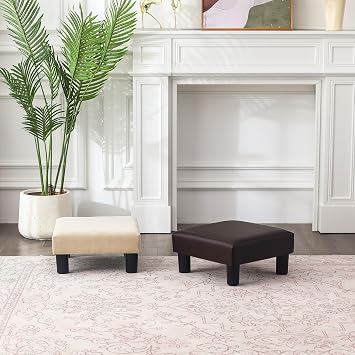 Adeco Small Footstool Geometric Art Cuboid & Cylinder, 17.5x17.5x9 Ottoman Footrest, 16x16x9, Fresh Wheat