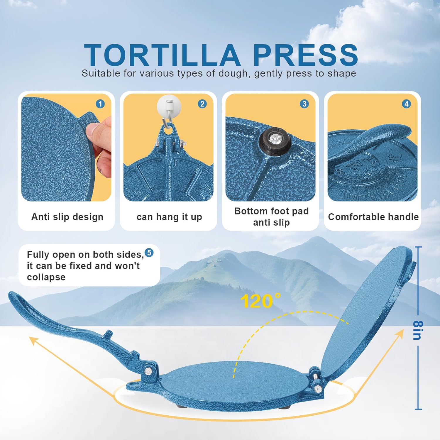 Vivicreate Cast Iron Tortilla Press Dough Flour Tortilla Rotis Quesadilla Maker Prensa para tortillas de hierro fundido 8 inch NO-SLIP