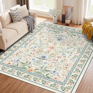 Waschbarer Teppich mit Blumenmuster, 1,5 x 2,1 m, Beige, Grün, Rosa, Boho, groß, Wohnzimmerteppich, rutschfest, weich, bunt, orientalisch, Vintage, Schlafzimmer, Esszimmer, Kinderzimmer, Zuhause, Büro