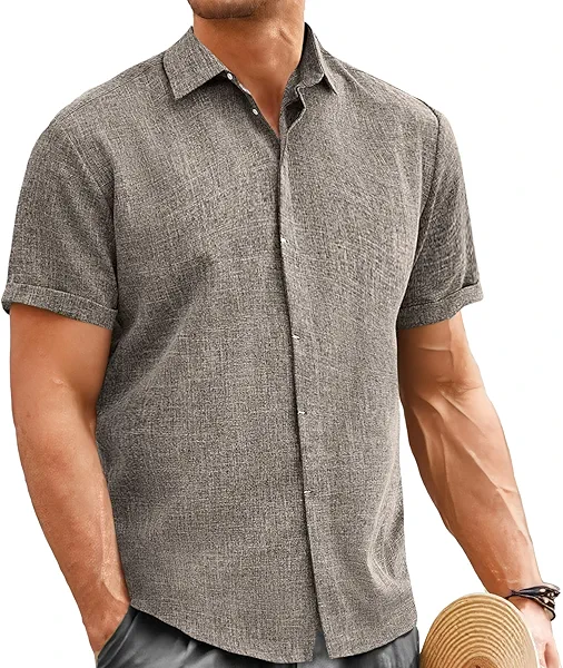 Mens Linen Shirt Classic Button Down Shirt Casual Short Sleeve Blouse Wedding Holiday Summer Tops Lightweight Tee