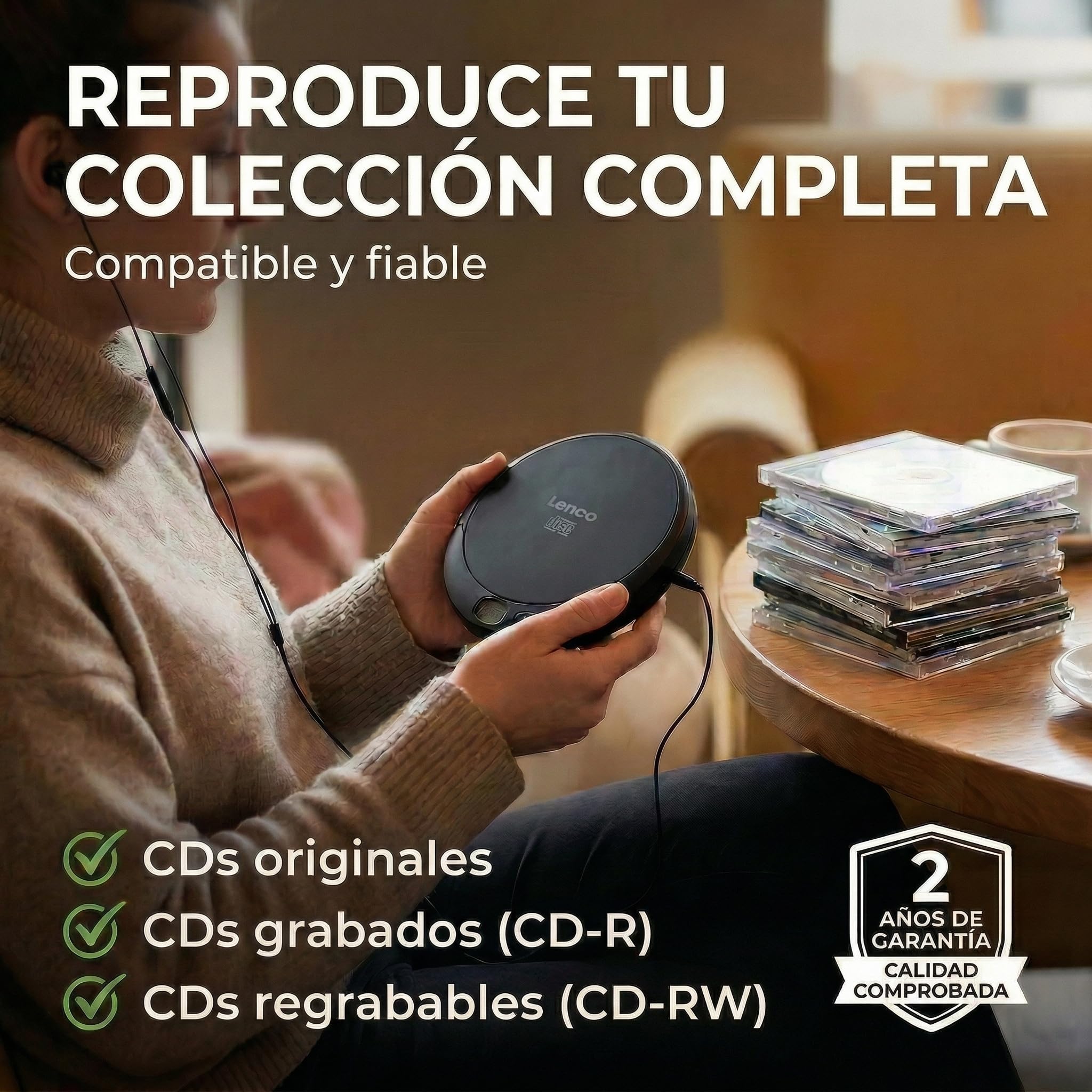 Lenco CD-010 - Reproductor de CD portátil Walkman - Diskman - CD Walkman - Con auriculares y cable de carga micro USB - Negro [Clase A de eficiencia energética]