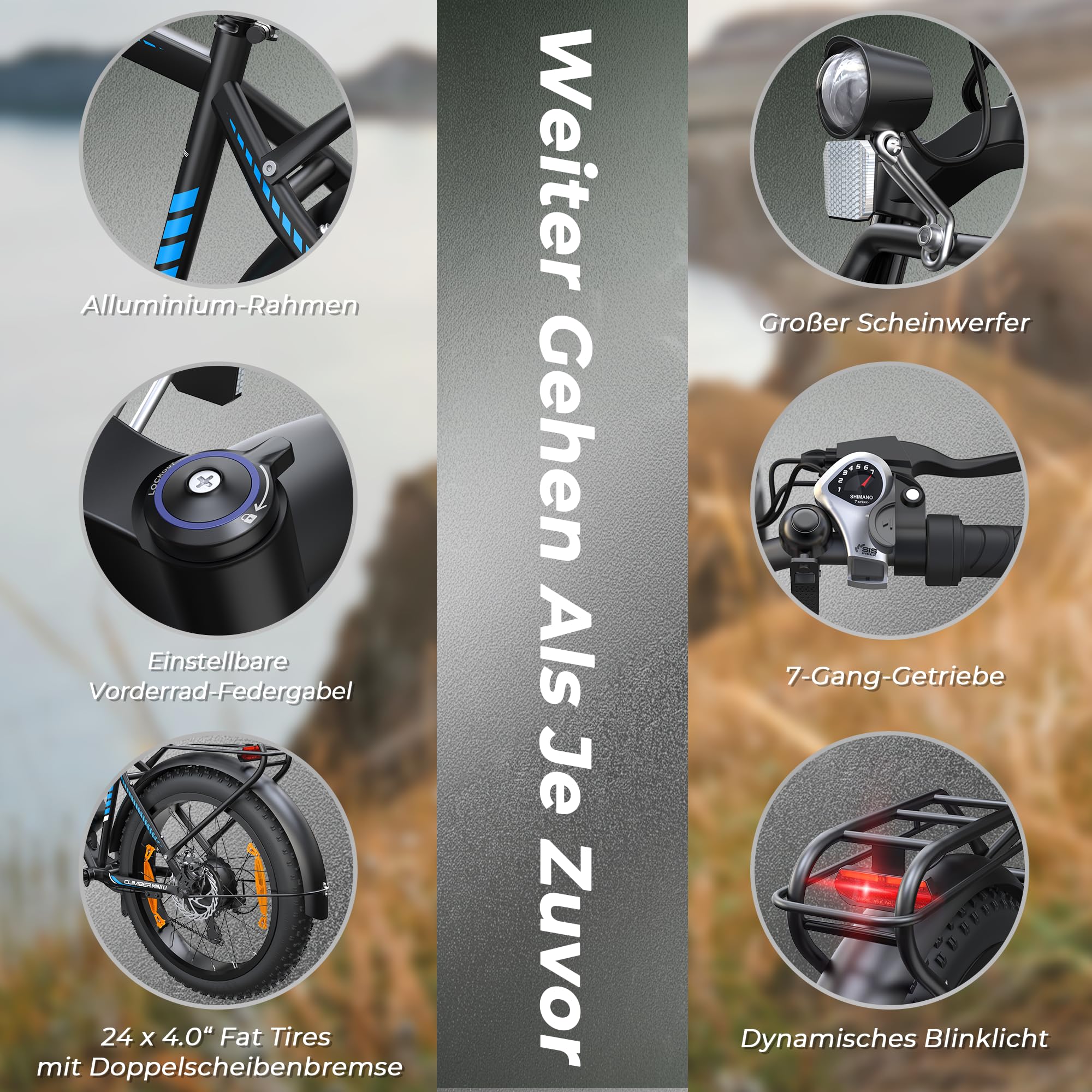 E Bike Herren Elektrofahrräder Ebike 48V 13Ah 624Wh Abnehmbarer Akku, 24 Zoll Fat Tire 250W Motor 5 PAS-Modus Damen E-Bike 7-Gang mit LCD-Display (Blau【13AH 624Wh 62Nm】)