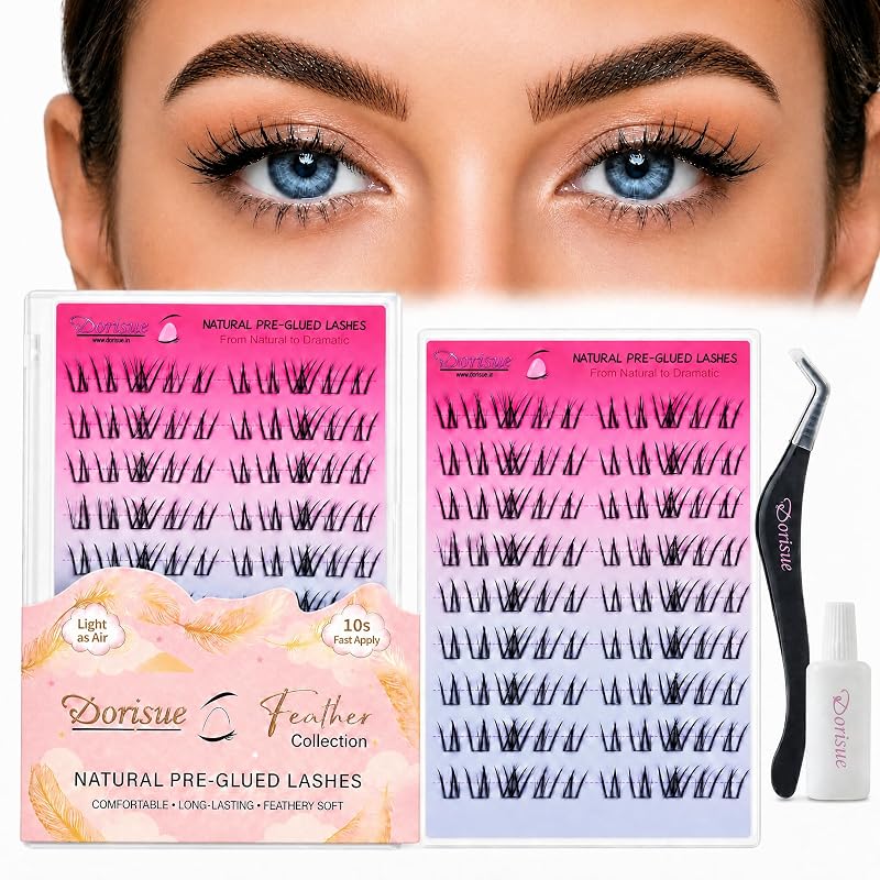 Cílios Postiços em Tufo Y Pré-colados Dorisue, 9–16 mm, Curvatura D, 100 Unidades com Pinça e Cola de Reposição