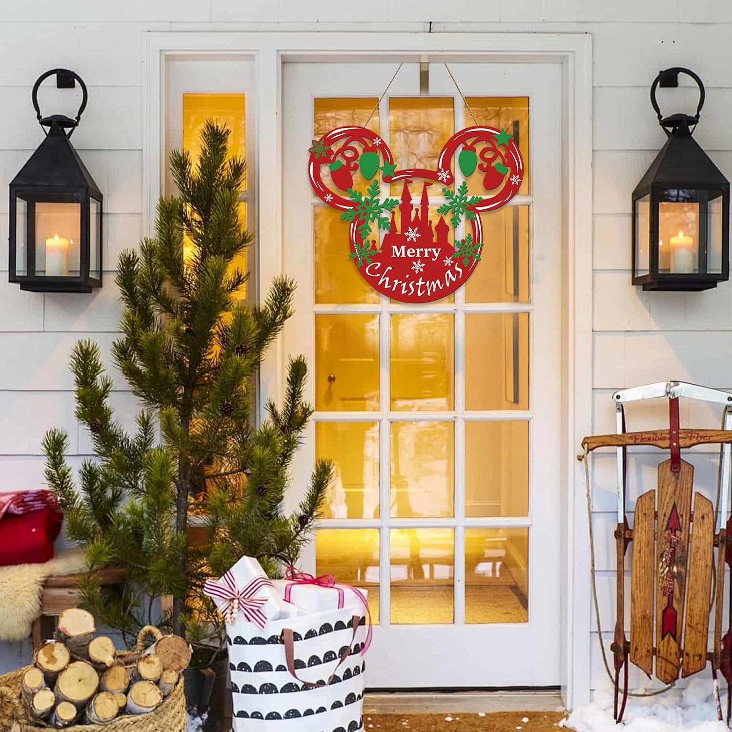 Christmas Door Decorations Mouse Shaped Wooden Xmas Wreaths Holiday Home Décor for Walls,Merry Christmas Welcome Sign for Front Door Windows,Party Supplies Indoor Outdoor