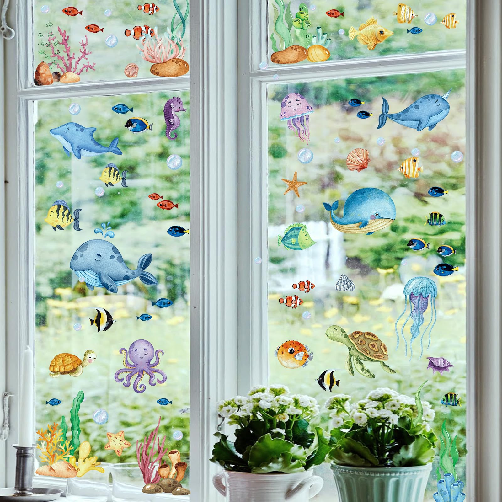 9 Feuilles Autocollants Fenêtre Thème Été Et Océan - Décor Enfants PVC Réutilisable Double Face