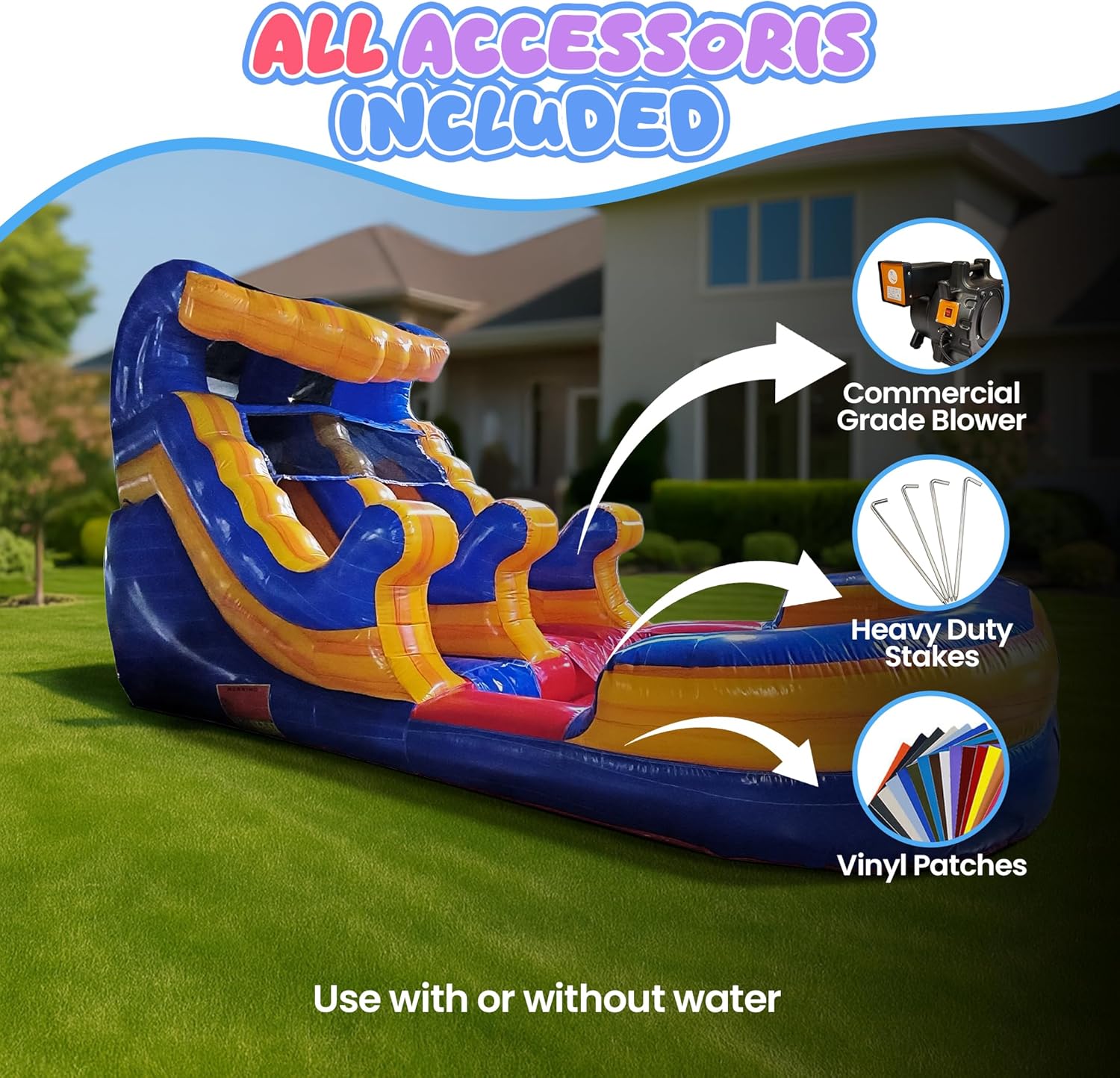 Blue Wave Inflatable Water Slide for Kids and Adults with Splash Pool, Commercial Grade Backyard Water Park with Slide, Outdoor Fun, Works with Water or Dry Play, 21ft x 9ft x 12ft - with Blower