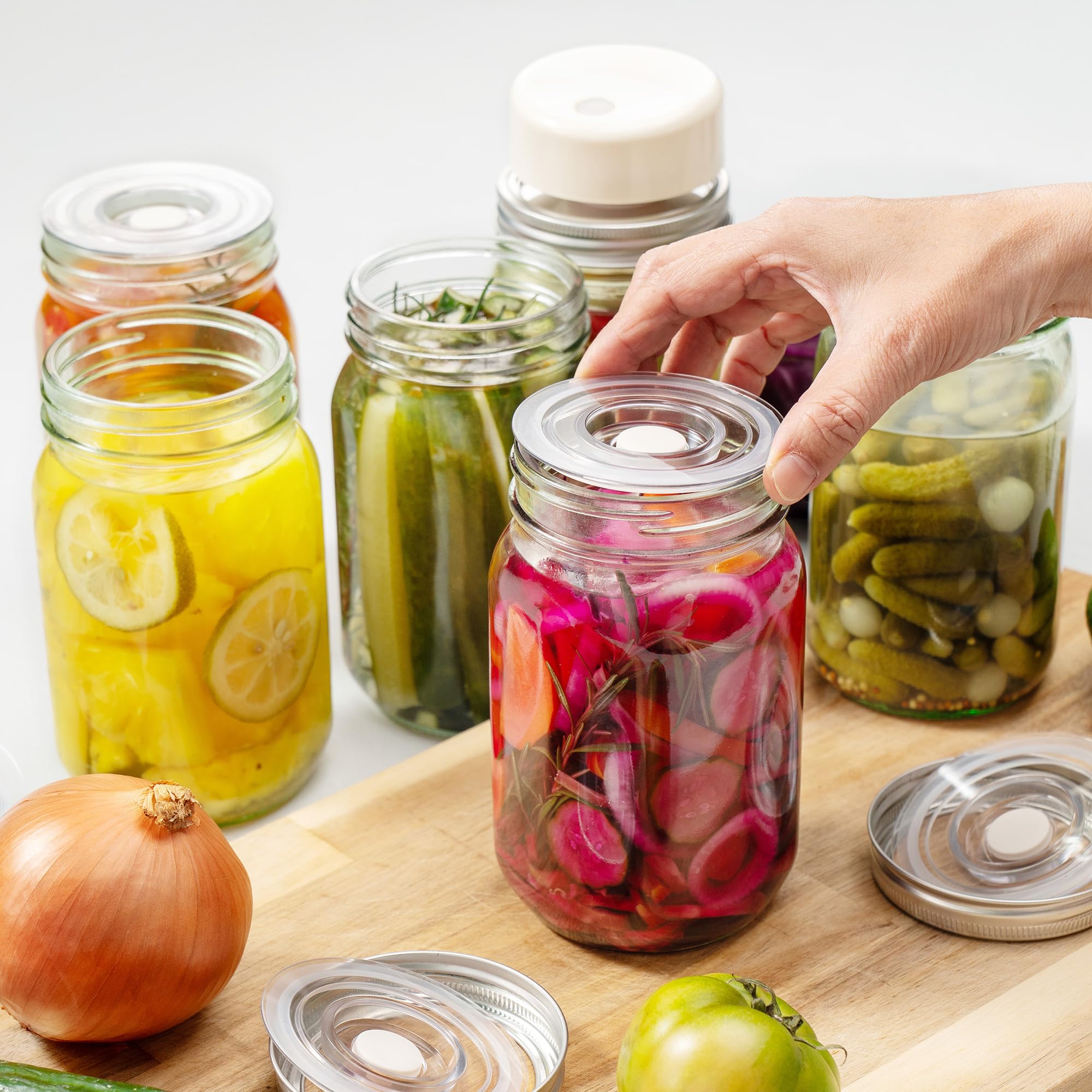 Einmachglas-Vakuumierer-Set mit breiter Öffnung, 6 Einmachgläser (473 ml + 907 ml), Deckel aus recyceltem Kunststoff, kein Öffner erforderlich, mit Quick Marination-Technologie