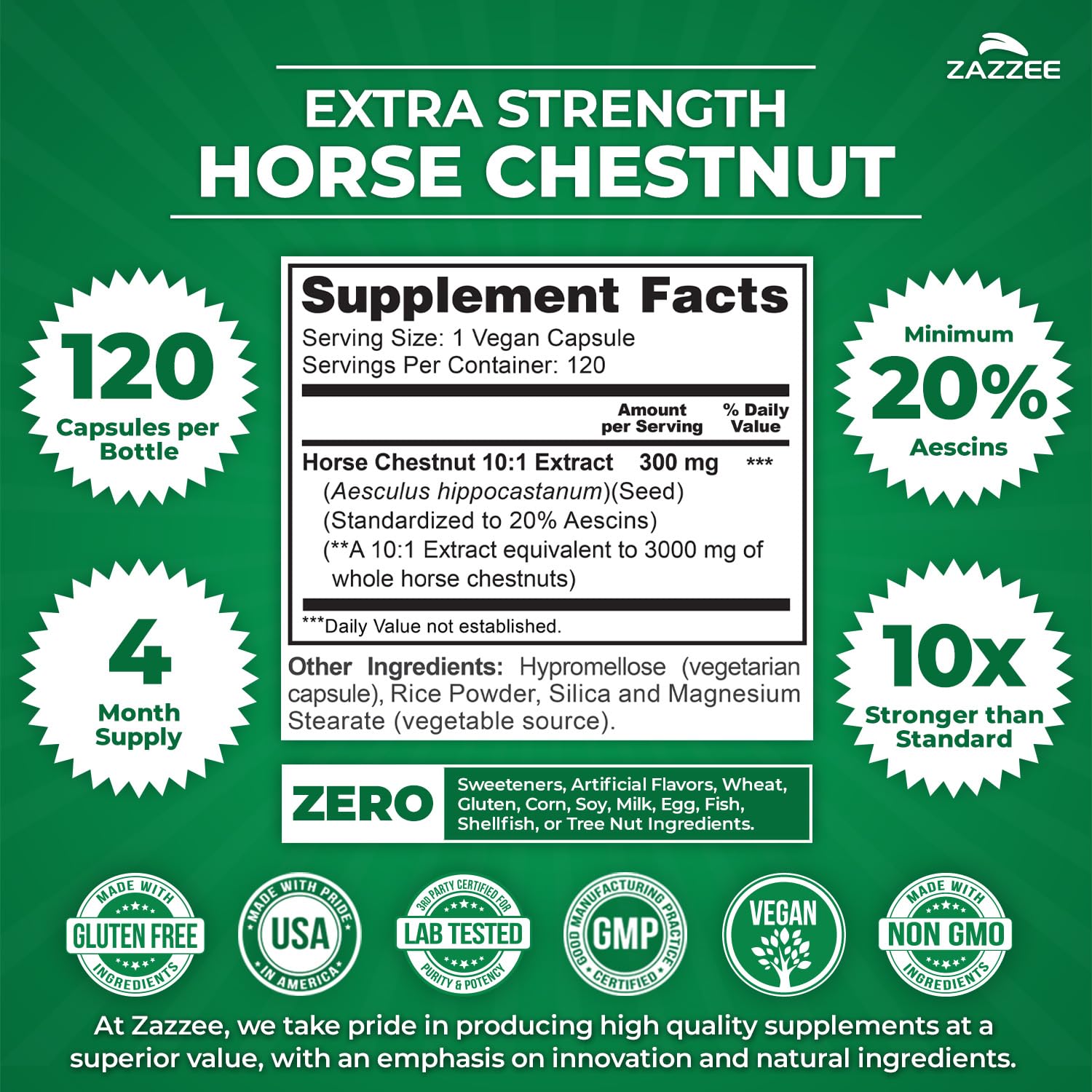 Zazzee Extra Strength Horse Chestnut 10:1 Extract, 20% Aescins, Vegan — Amazon image 2