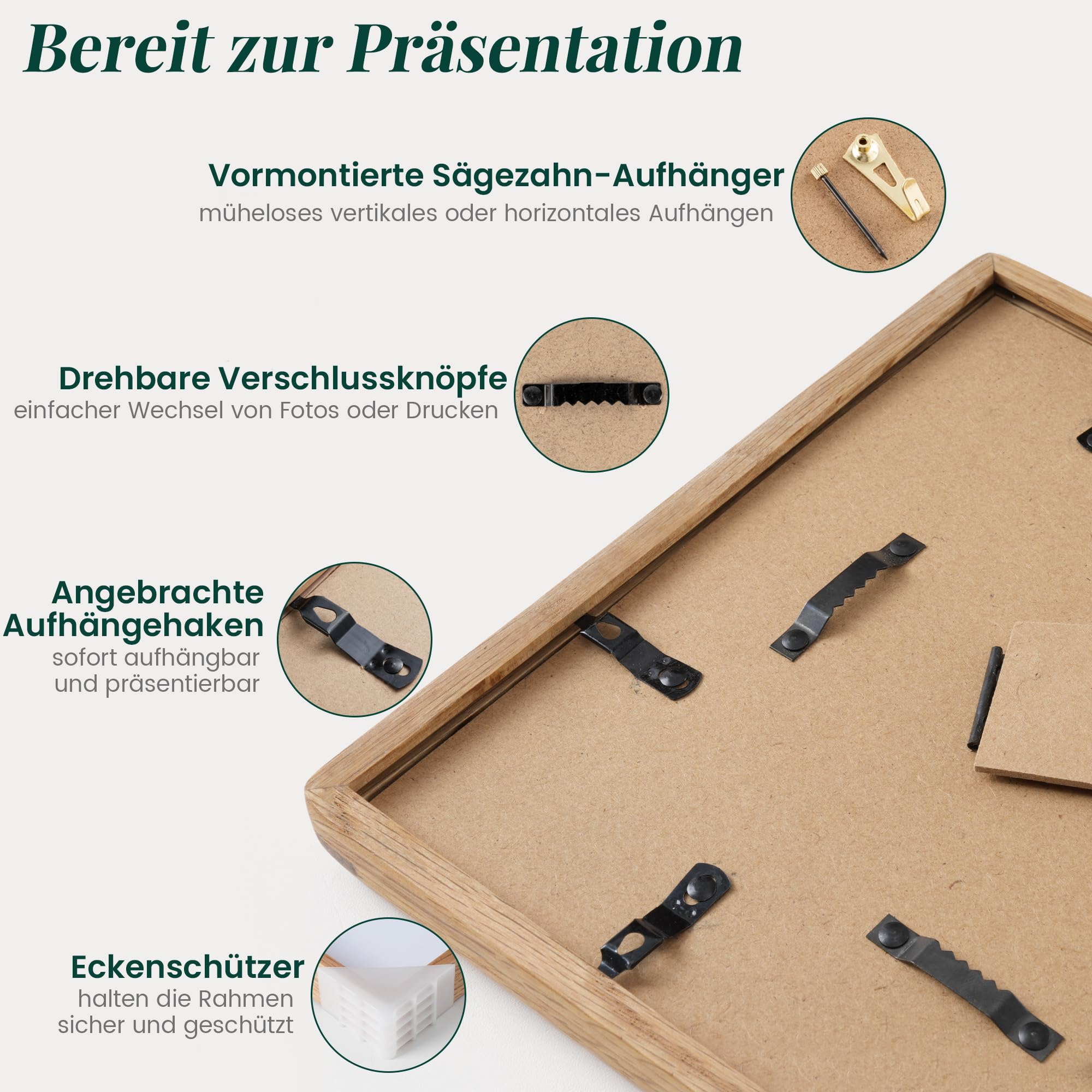 Bilderrahmen A1 (59.4x84cm) aus Massivholz Eiche, Hochtransparentes Temperglas, Handgefertigter Ecken Posterrahmen mit Passepartout für A2 (42x59.4cm), Einzelzapfen, Wandmontag