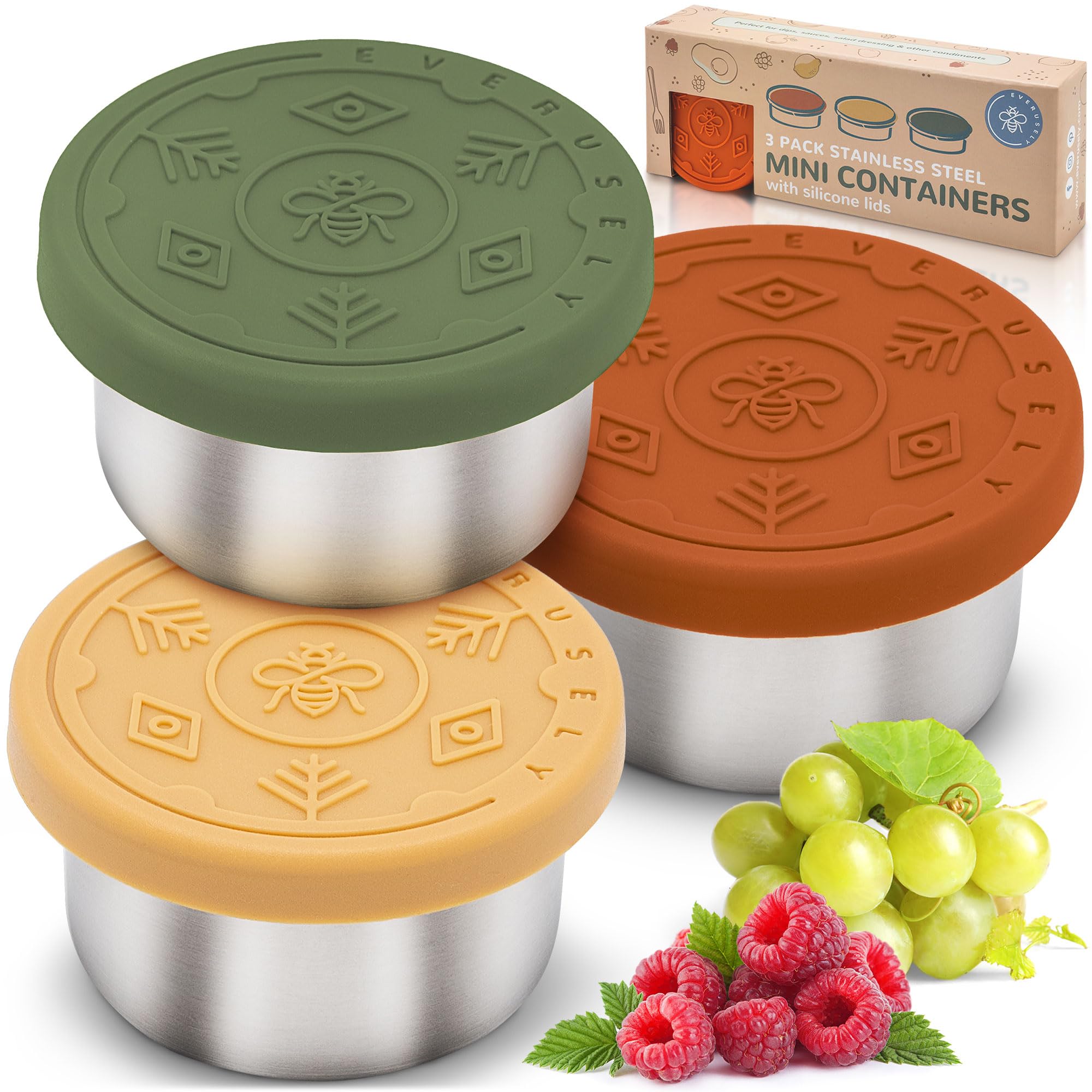 Everusely Condiment Cups - 3 Pack, 1.7 oz / 50 ml, Muted, Stainless Steel - Condiment Containers with Lids - Reusable Salad Dressing Container To Go - Sauce & Dip Cup for Lunchbox, Meal Prep