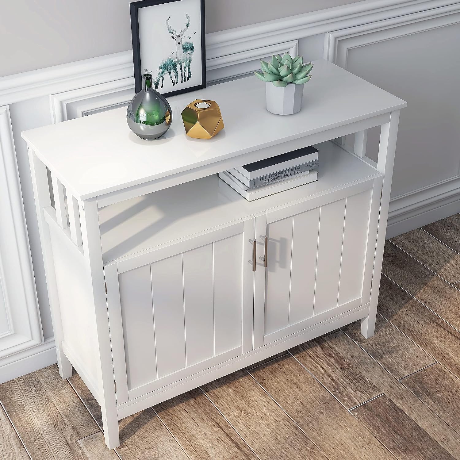 RASOO Buffet Cabinet White Kitchen Buffet Storage Cabinet Sideboard Buffet Storage Cabinet Buffet Server Cupboard Cabinet Console Table with 2 Doors and Adjustable Shelf